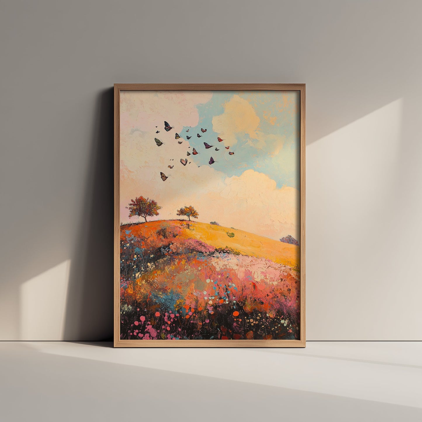 Rolling Hills Landscape Art Print - Butterfly Meadow Poster - Folk Art Painting - Amaranth Fern and Dust 1/3