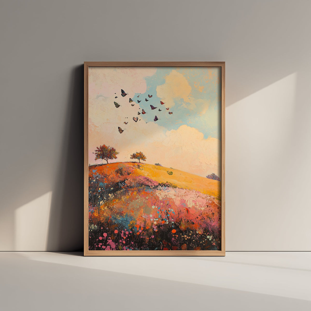 Rolling Hills Landscape Art Print - Butterfly Meadow Poster - Folk Art Painting - Amaranth Fern and Dust 1/3