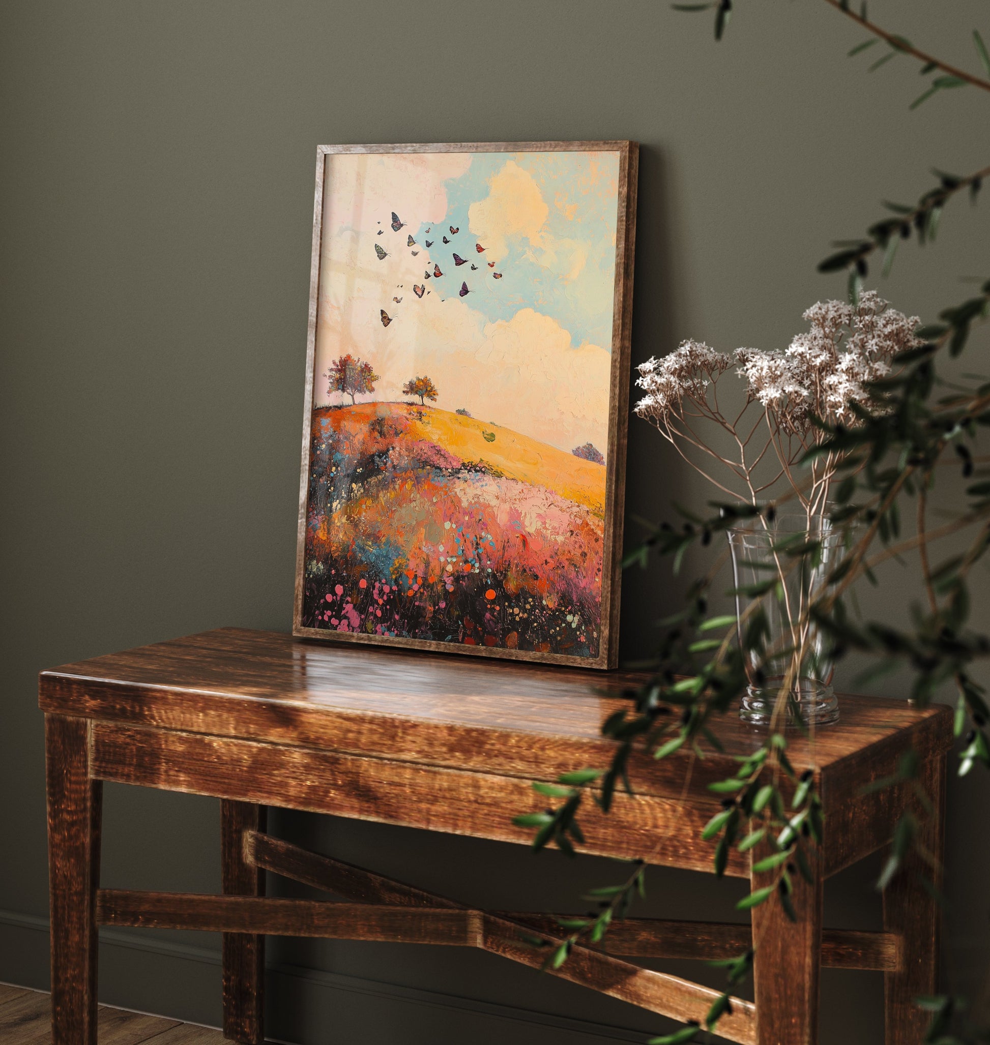 Rolling Hills Landscape Art Print - Butterfly Meadow Poster - Folk Art Painting - Amaranth Fern and Dust 1/3