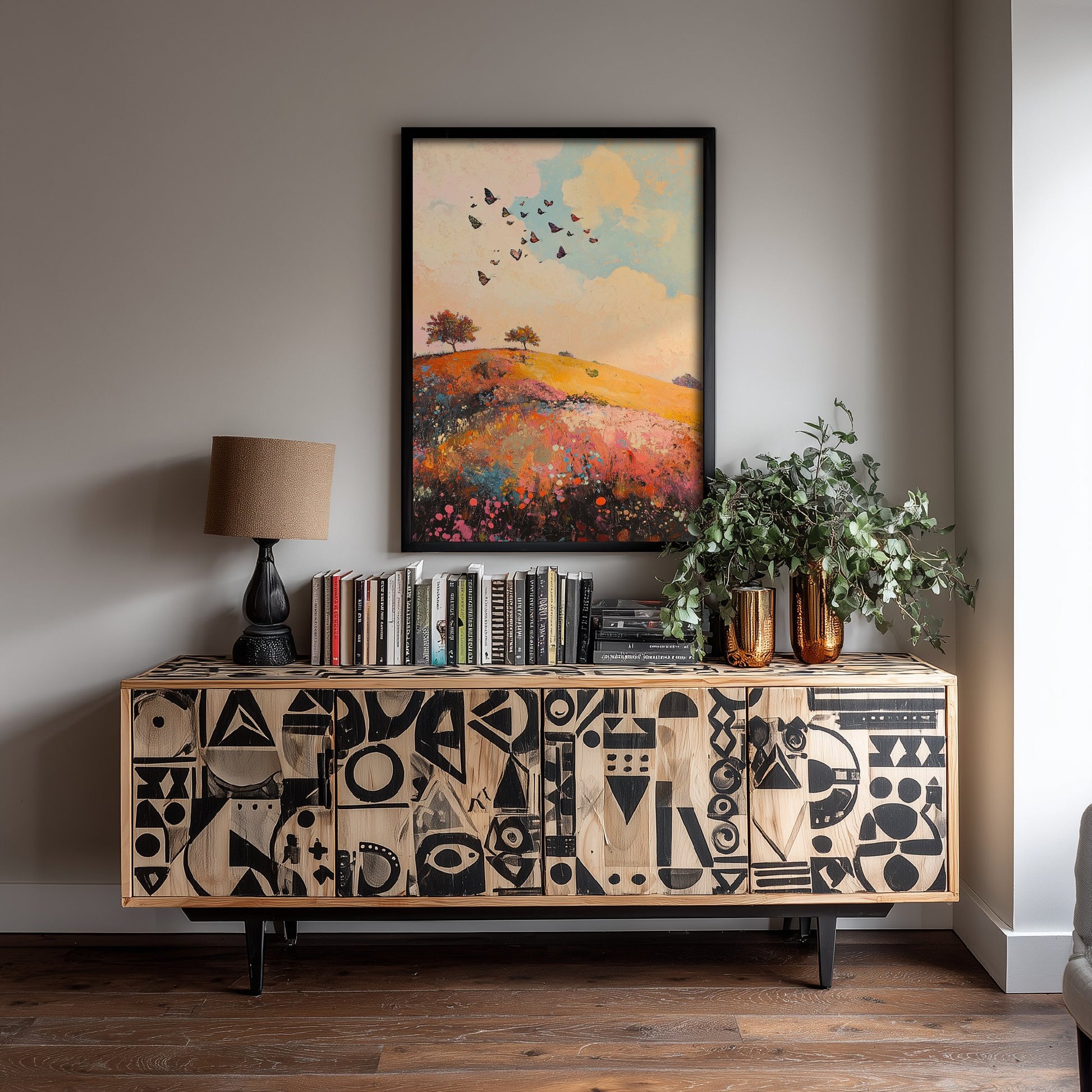 Rolling Hills Landscape Art Print - Butterfly Meadow Poster - Folk Art Painting - Amaranth Fern and Dust 1/3