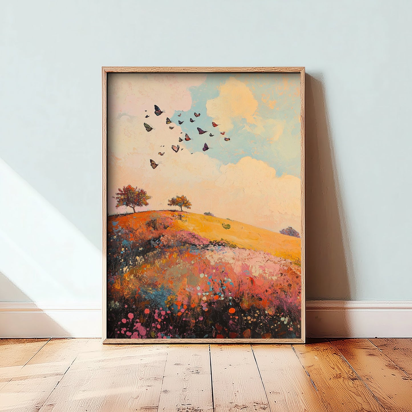 Rolling Hills Landscape Art Print - Butterfly Meadow Poster - Folk Art Painting - Amaranth Fern and Dust 1/3