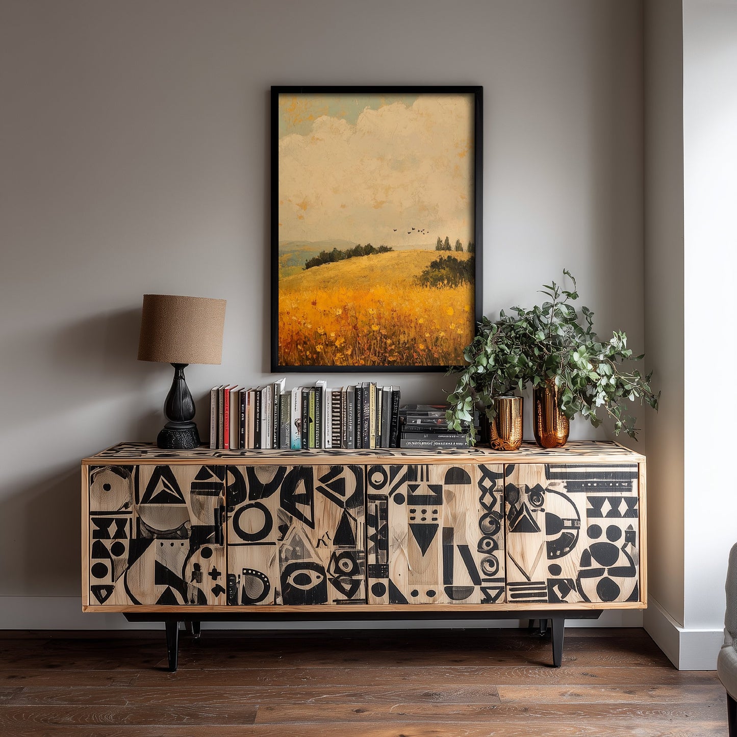 Rolling Hills Landscape Art Print - Butterfly Meadow Poster - Folk Art Painting - Amaranth Fern and Dust 2/3