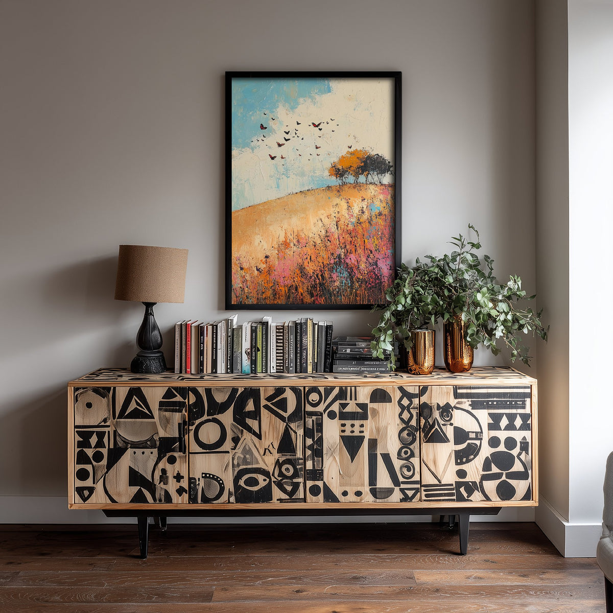 Rolling Hills Landscape Art Print - Butterfly Meadow Poster - Folk Art Painting - Amaranth Fern and Dust 3/3