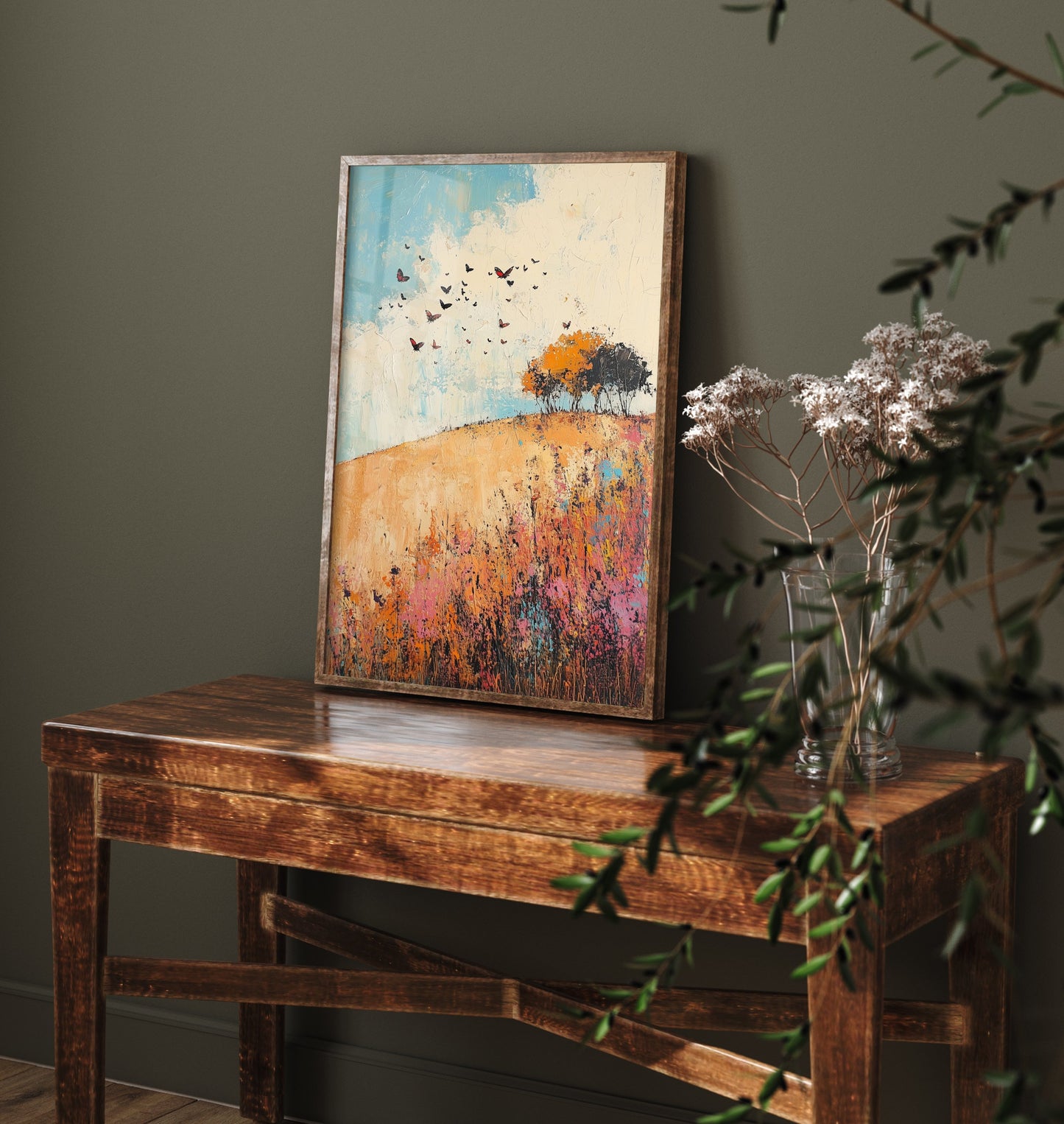 Rolling Hills Landscape Art Print - Butterfly Meadow Poster - Folk Art Painting - Amaranth Fern and Dust 3/3