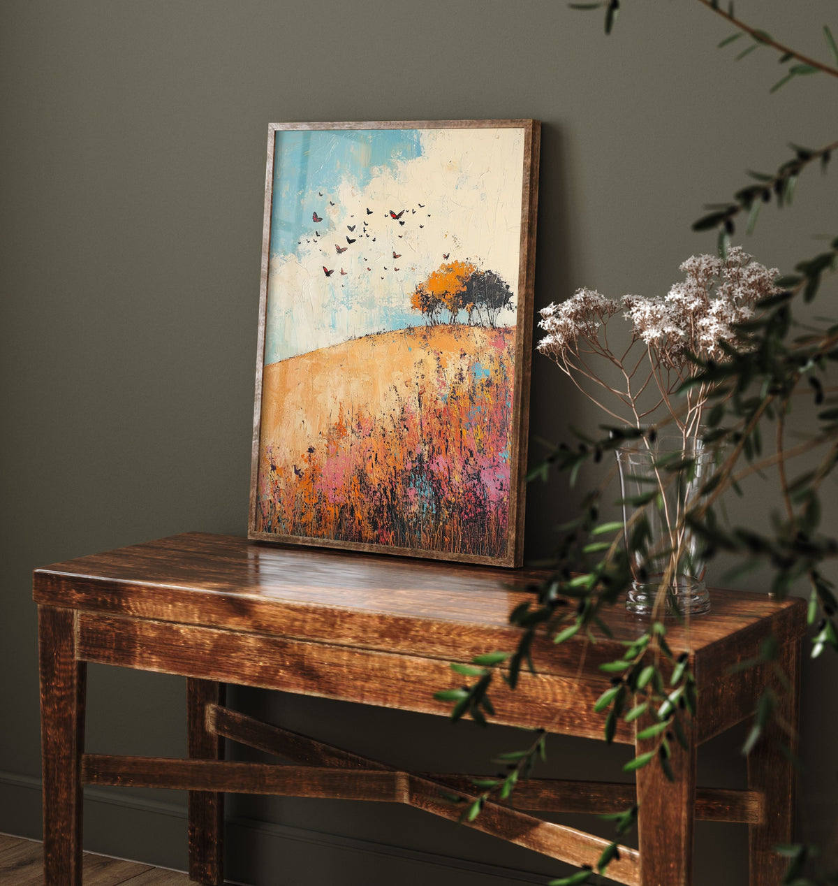 Rolling Hills Landscape Art Print - Butterfly Meadow Poster - Folk Art Painting - Amaranth Fern and Dust 3/3