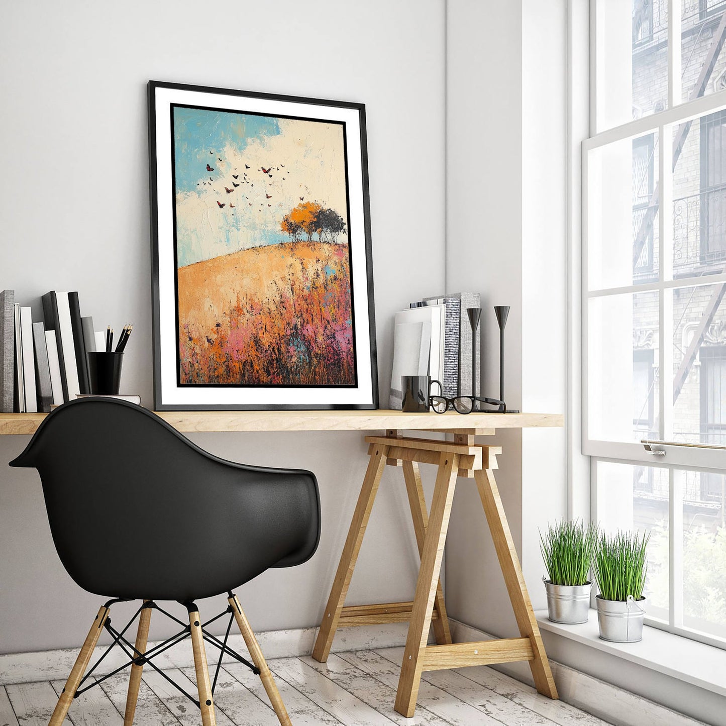 Rolling Hills Landscape Art Print - Butterfly Meadow Poster - Folk Art Painting - Amaranth Fern and Dust 3/3