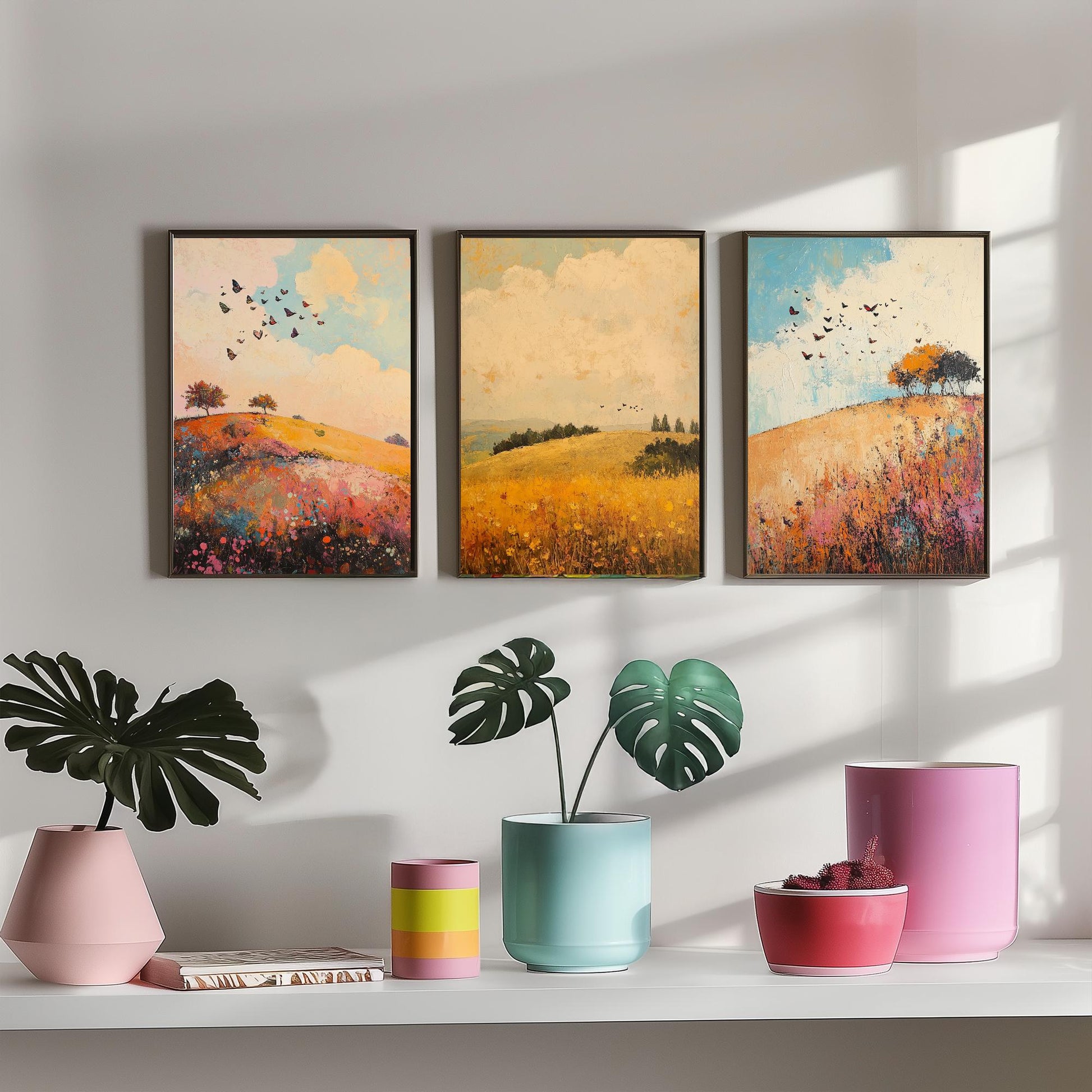 Rolling Hills Butterfly Set of Three Art Prints - Amaranth Fern and Dust - Folk Meadow Poster Illustration Gift