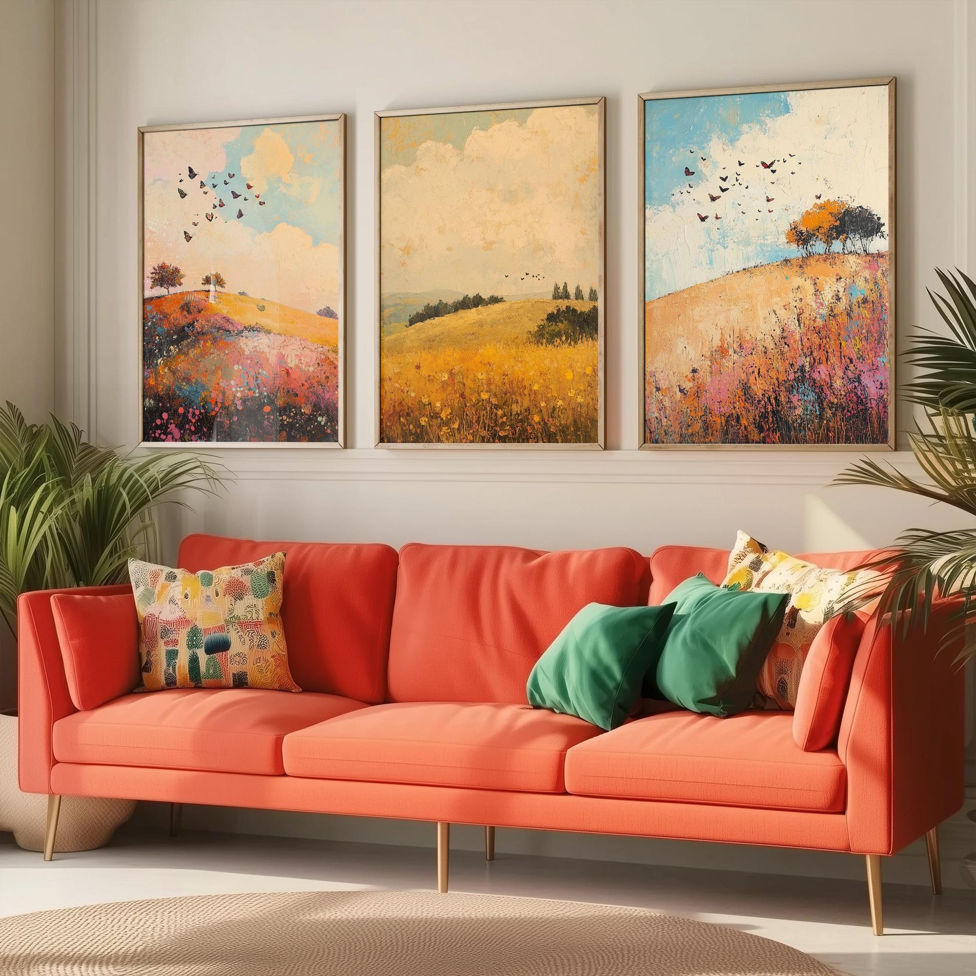 Rolling Hills Butterfly Set of Three Art Prints - Amaranth Fern and Dust - Folk Meadow Poster Illustration Gift