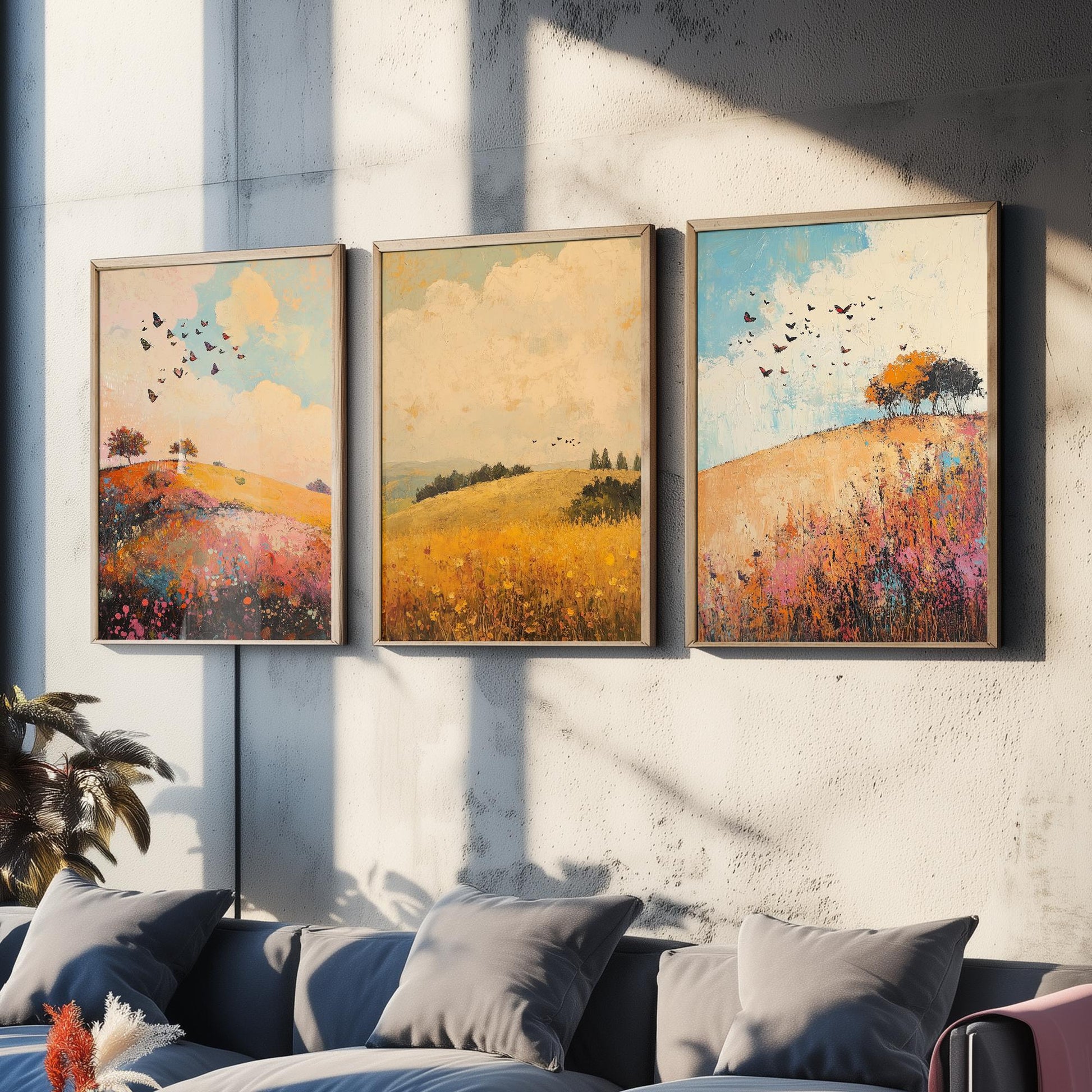 Rolling Hills Butterfly Set of Three Art Prints - Amaranth Fern and Dust - Folk Meadow Poster Illustration Gift