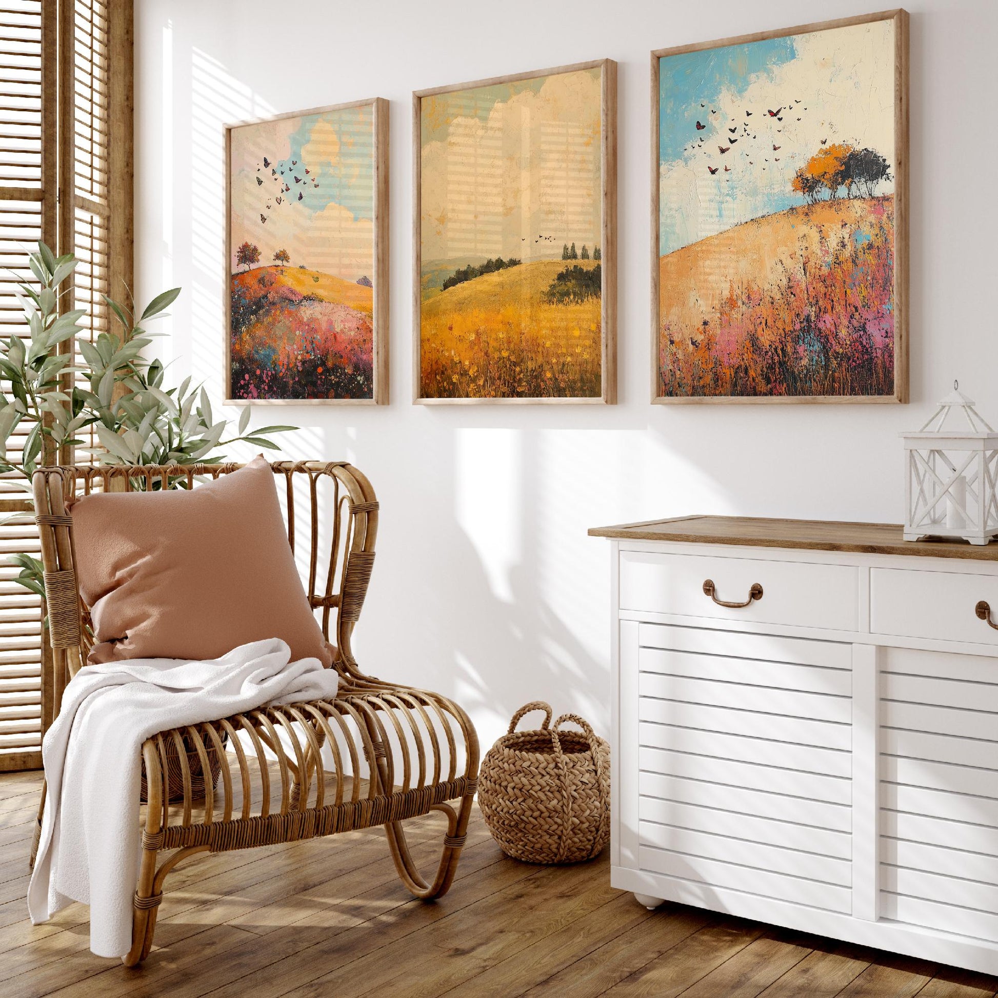 Rolling Hills Butterfly Set of Three Art Prints - Amaranth Fern and Dust - Folk Meadow Poster Illustration Gift