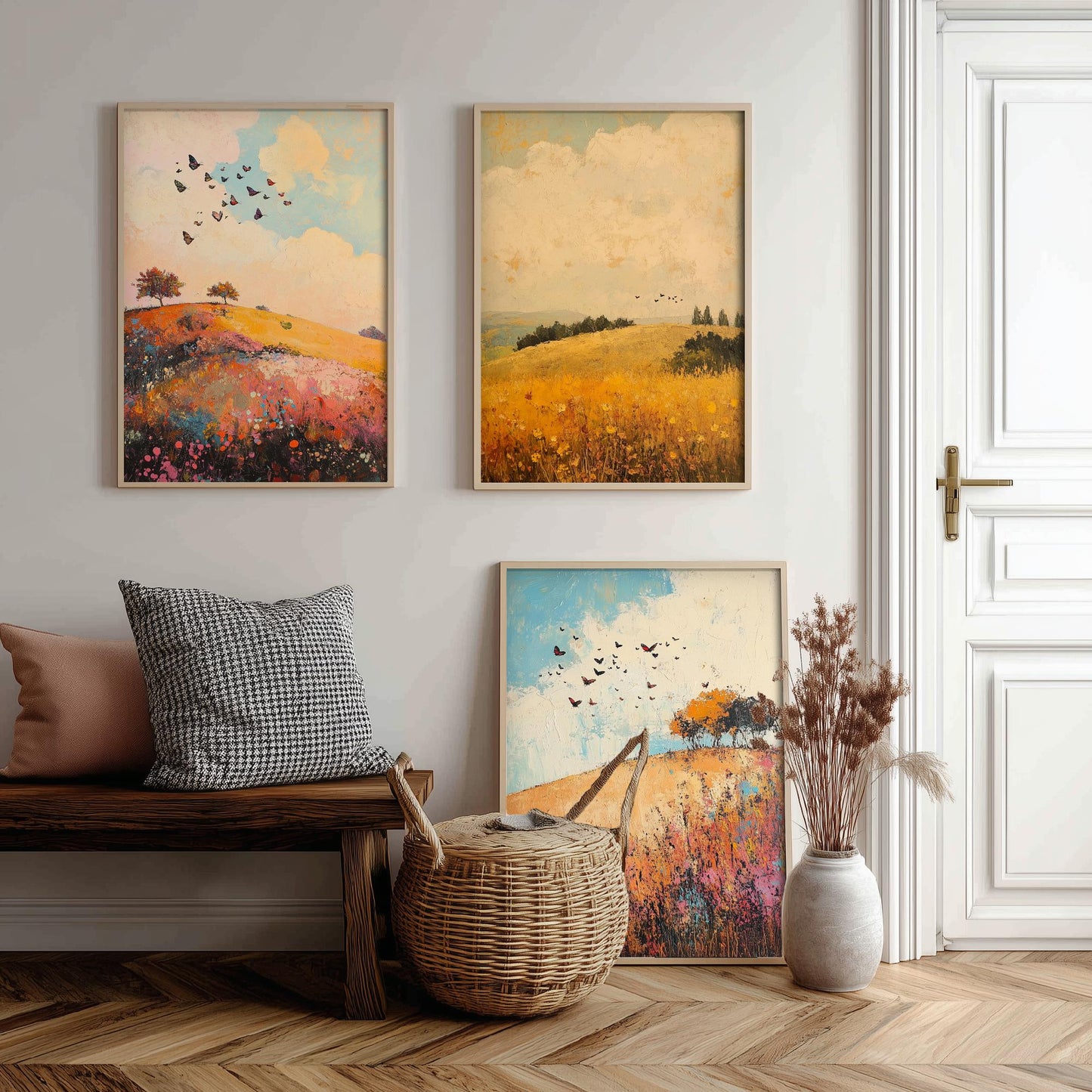 Rolling Hills Butterfly Set of Three Art Prints - Amaranth Fern and Dust - Folk Meadow Poster Illustration Gift