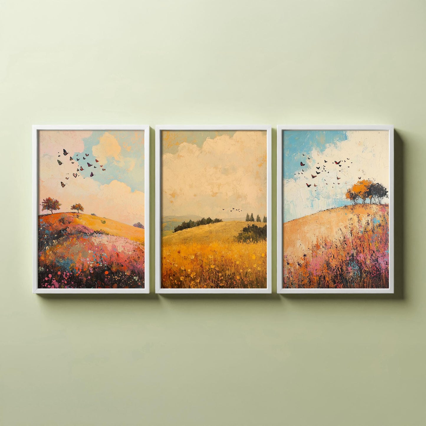 Rolling Hills Butterfly Set of Three Art Prints - Amaranth Fern and Dust - Folk Meadow Poster Illustration Gift