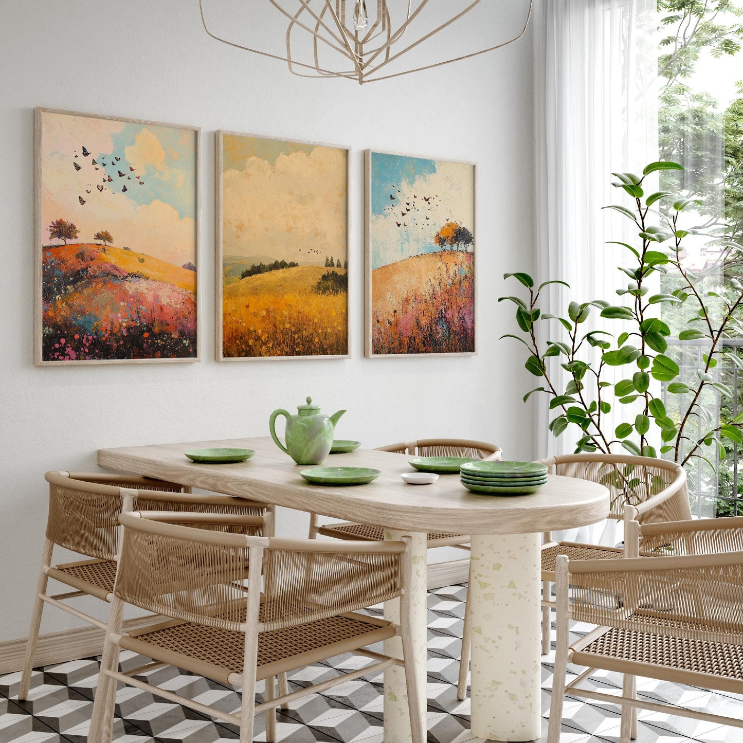 Rolling Hills Butterfly Set of Three Art Prints - Amaranth Fern and Dust - Folk Meadow Poster Illustration Gift