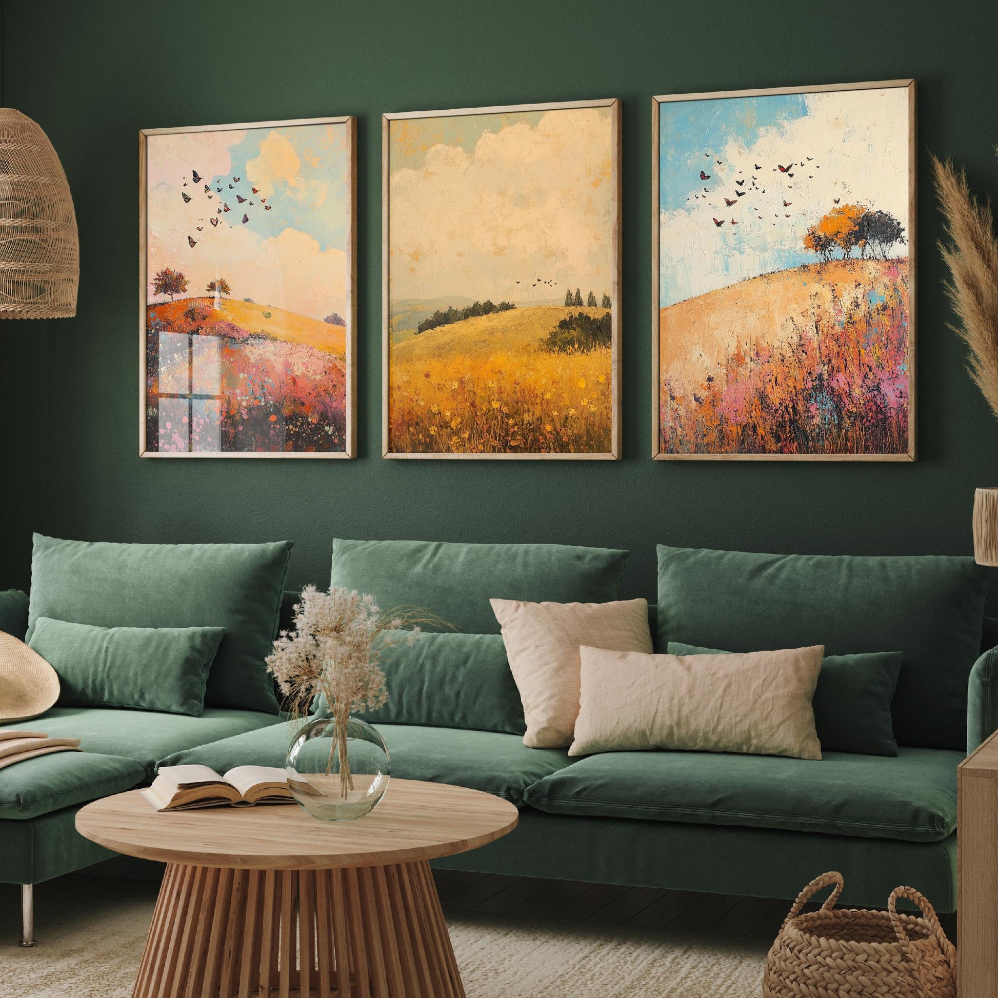 Rolling Hills Butterfly Set of Three Art Prints - Amaranth Fern and Dust - Folk Meadow Poster Illustration Gift