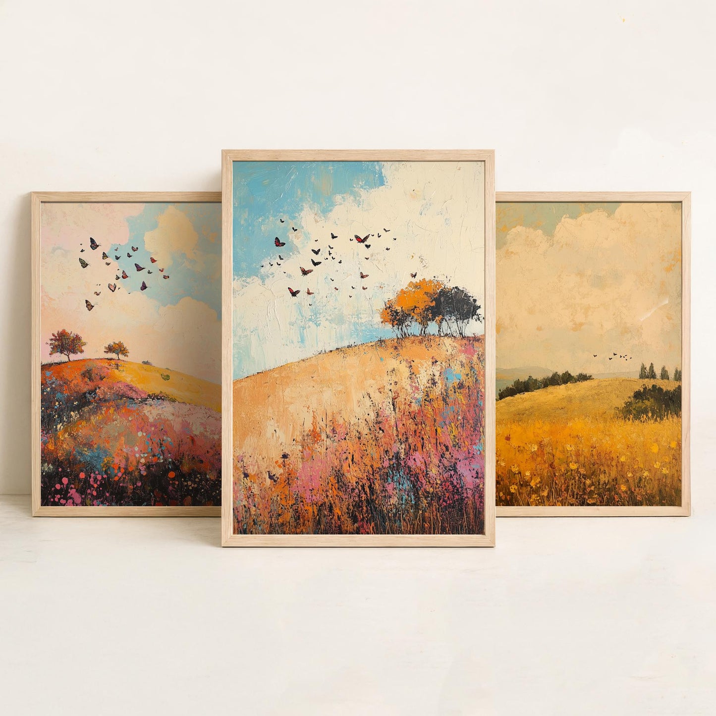 Rolling Hills Butterfly Set of Three Art Prints - Amaranth Fern and Dust - Folk Meadow Poster Illustration Gift