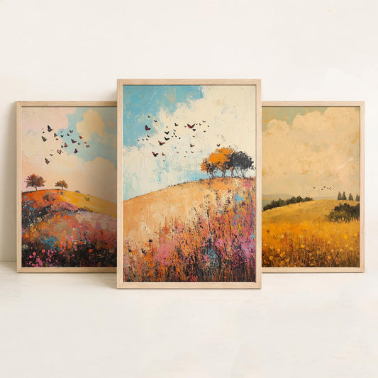 Rolling Hills Butterfly Set of Three Art Prints - Amaranth Fern and Dust - Folk Meadow Poster Illustration Gift