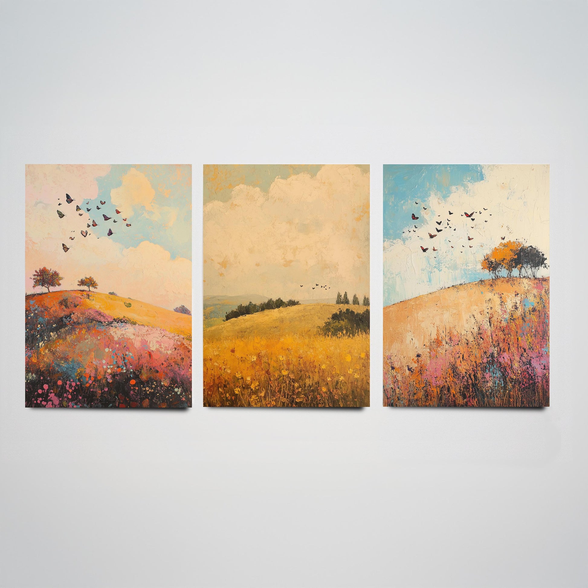 Rolling Hills Butterfly Set of Three Art Prints - Amaranth Fern and Dust - Folk Meadow Poster Illustration Gift