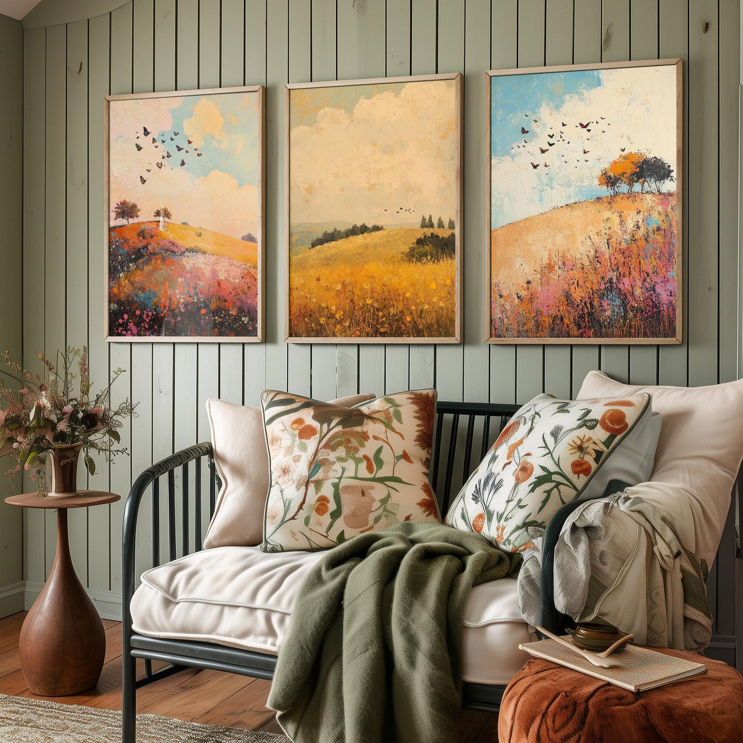 Rolling Hills Butterfly Set of Three Art Prints - Amaranth Fern and Dust - Folk Meadow Poster Illustration Gift