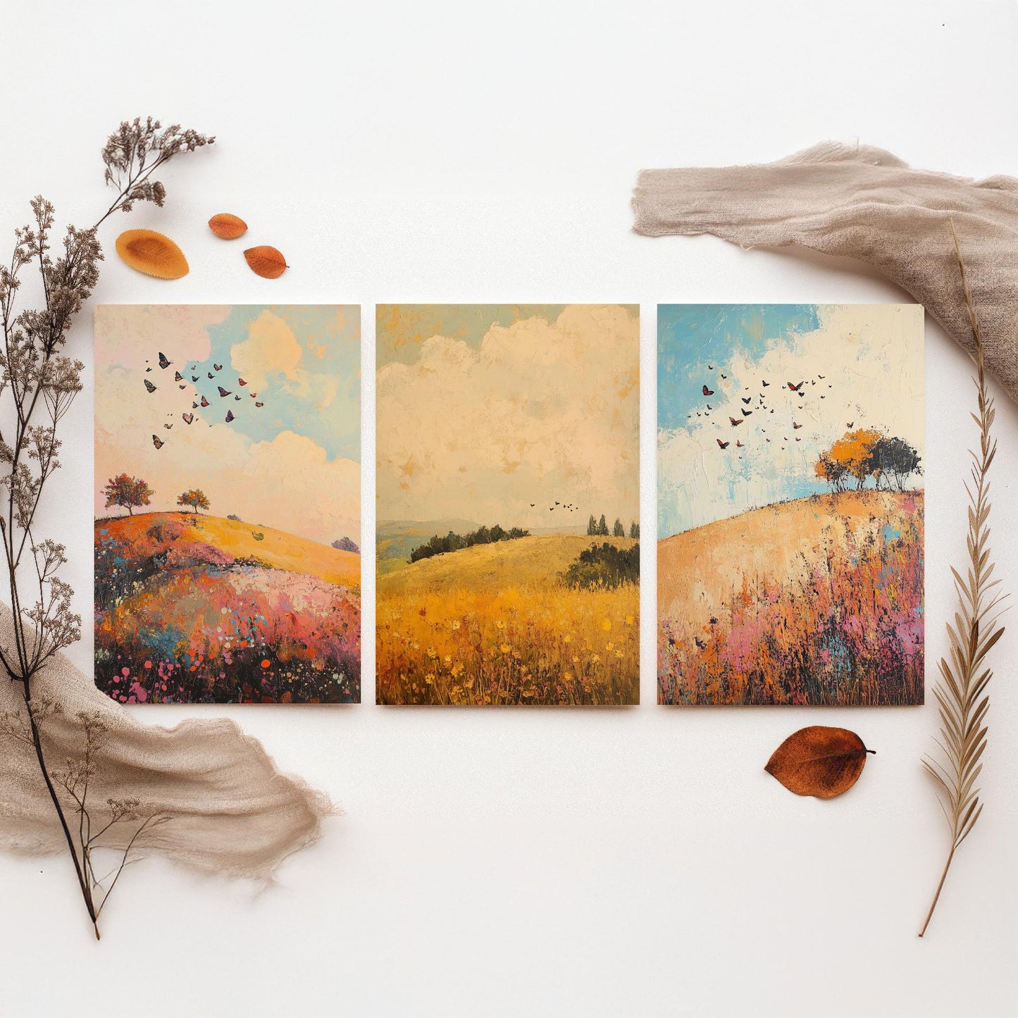 Rolling Hills Butterfly Set of Three Art Prints - Amaranth Fern and Dust - Folk Meadow Poster Illustration Gift