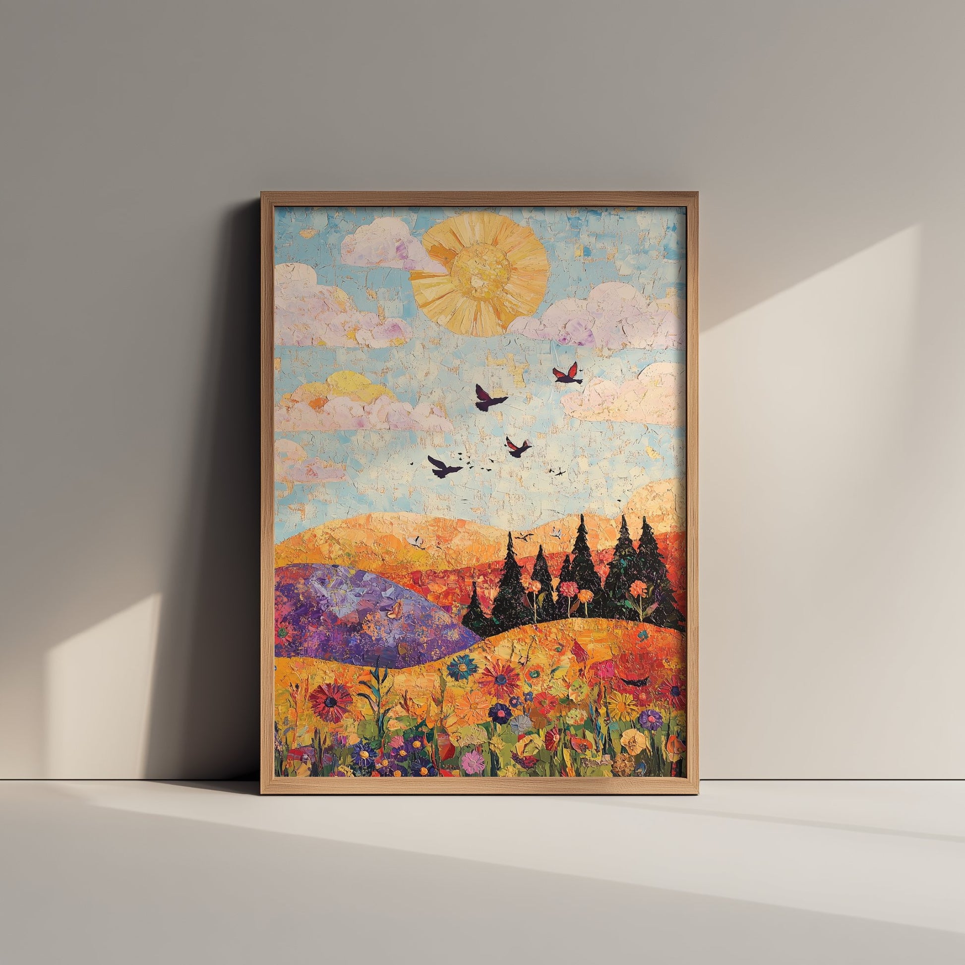 Rolling Hills Landscape Art Print - Butterfly Meadow Poster - Folk Art Painting - Amethyst Fern and Dove 1/3