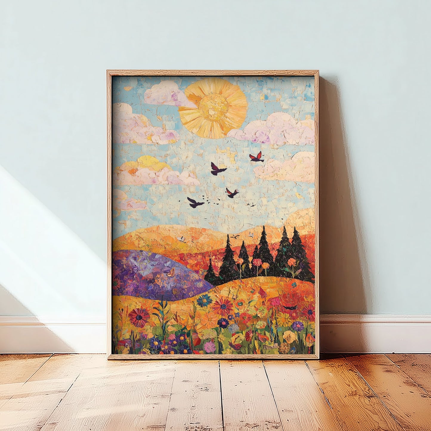Rolling Hills Landscape Art Print - Butterfly Meadow Poster - Folk Art Painting - Amethyst Fern and Dove 1/3