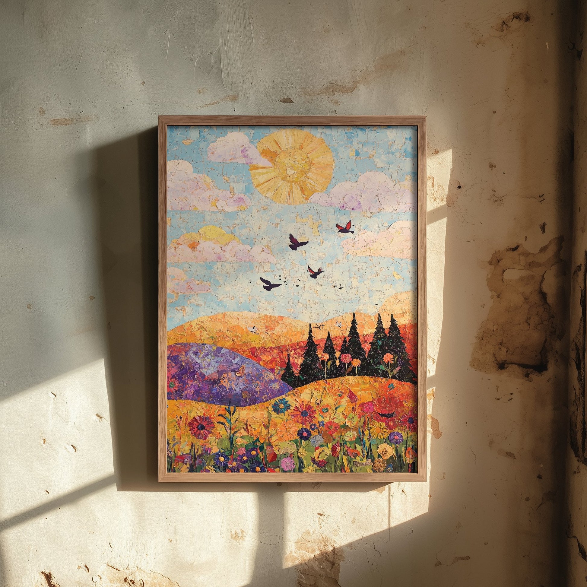 Rolling Hills Landscape Art Print - Butterfly Meadow Poster - Folk Art Painting - Amethyst Fern and Dove 1/3
