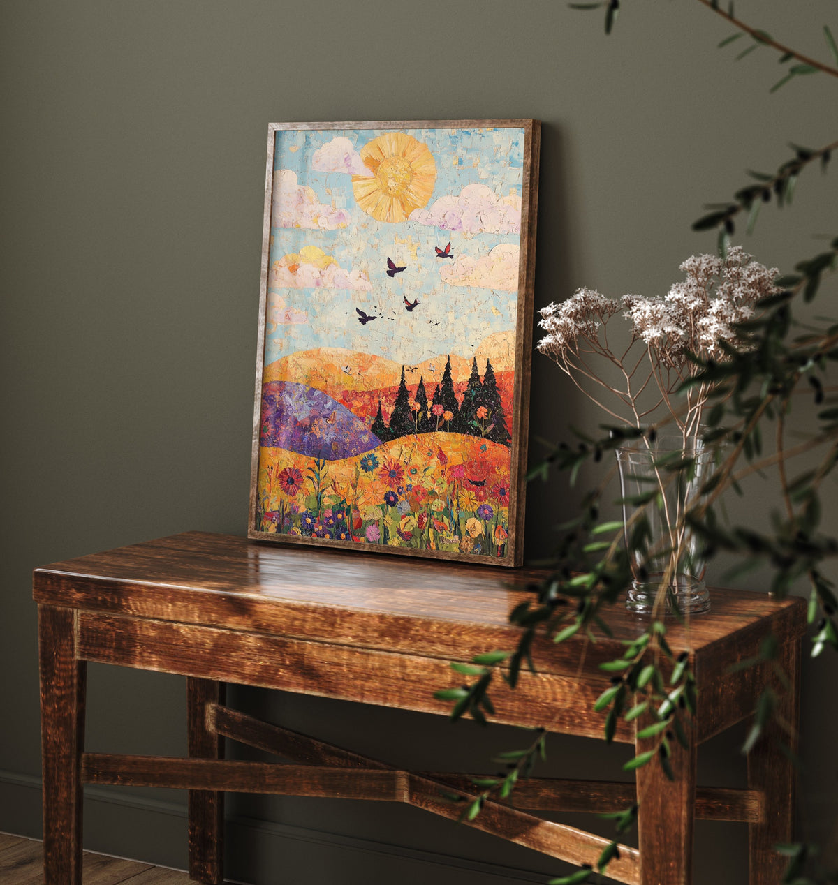 Rolling Hills Landscape Art Print - Butterfly Meadow Poster - Folk Art Painting - Amethyst Fern and Dove 1/3