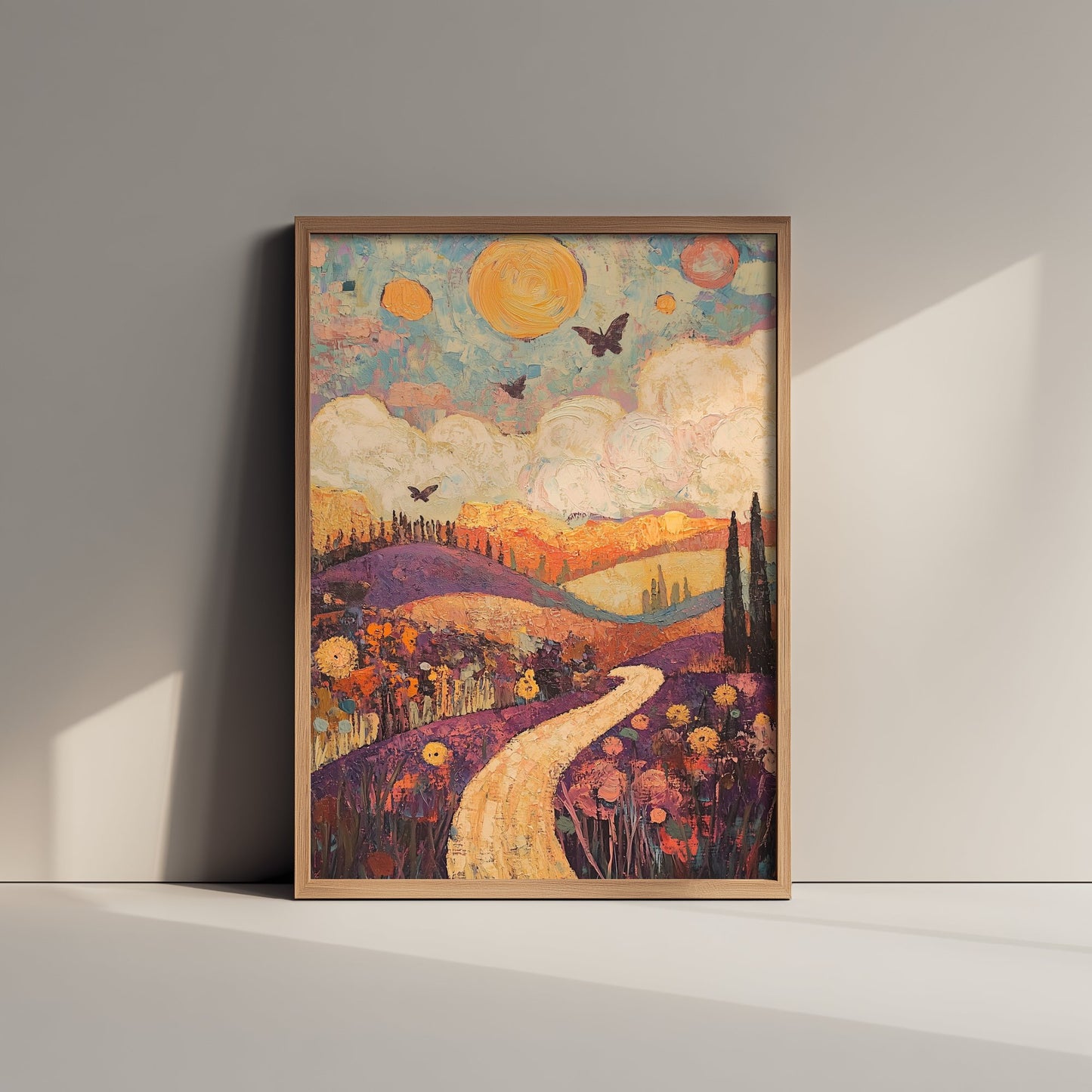 Rolling Hills Landscape Art Print - Butterfly Meadow Poster - Folk Art Painting - Amethyst Fern and Dove 2/3