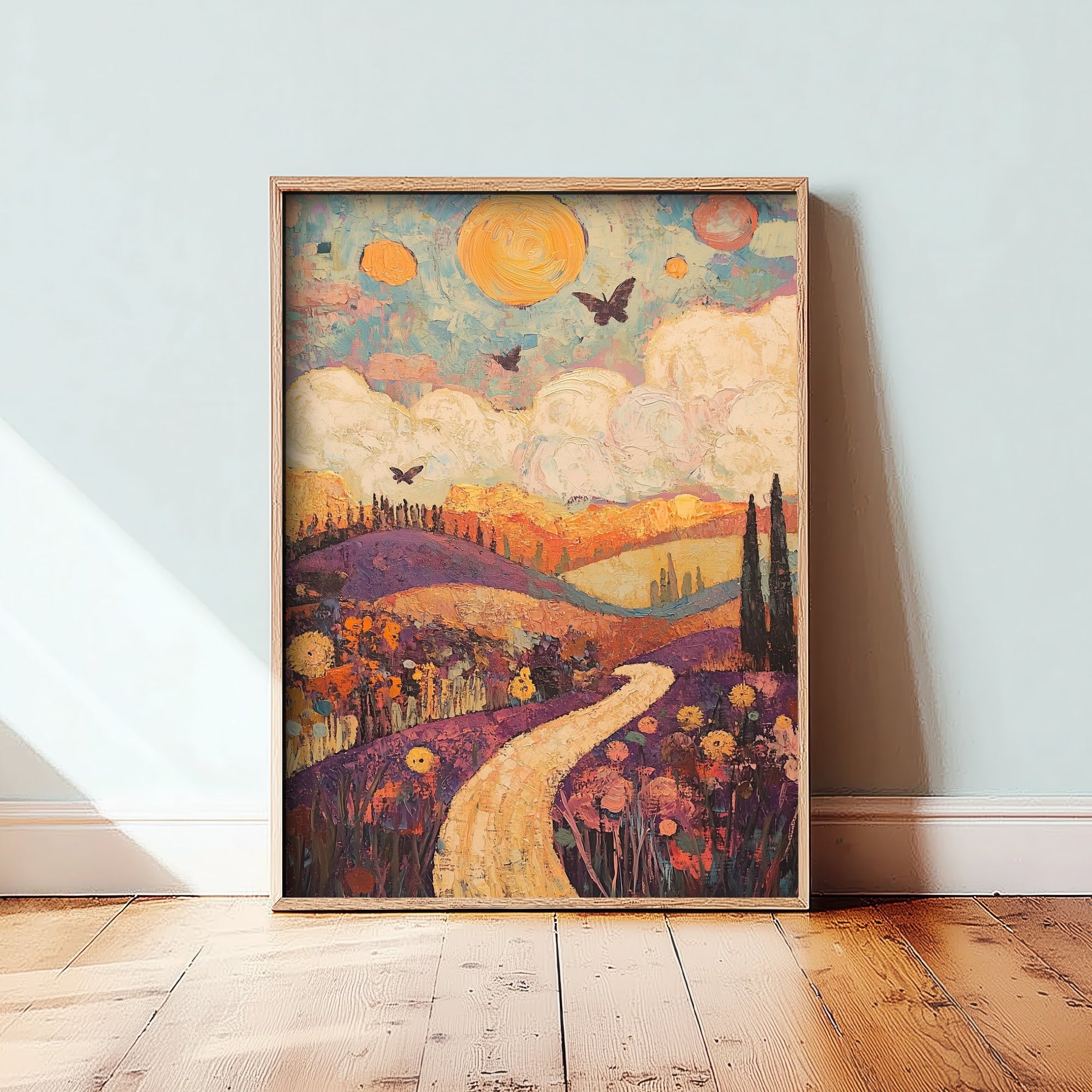 Rolling Hills Landscape Art Print - Butterfly Meadow Poster - Folk Art Painting - Amethyst Fern and Dove 2/3