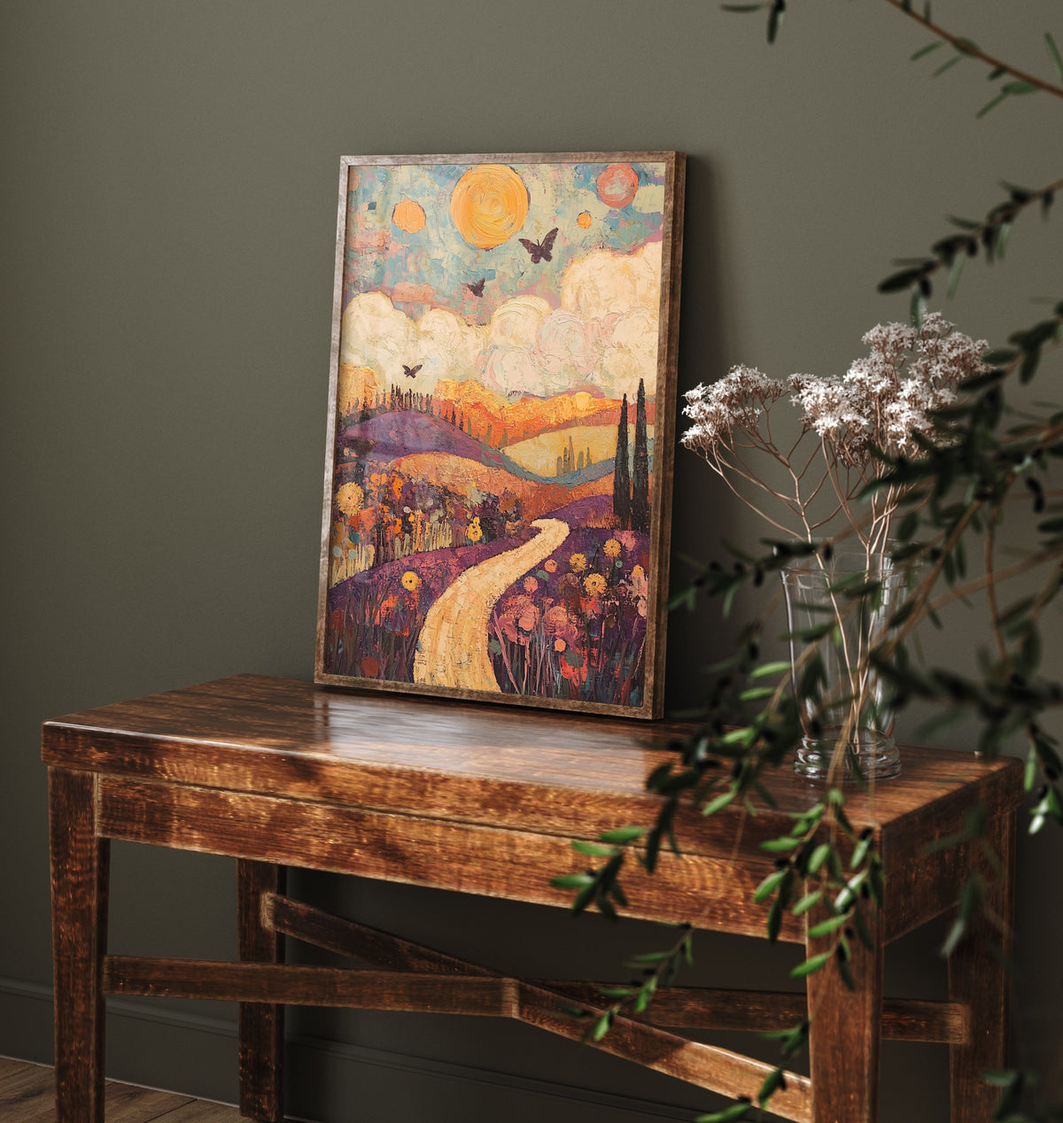 Rolling Hills Landscape Art Print - Butterfly Meadow Poster - Folk Art Painting - Amethyst Fern and Dove 2/3