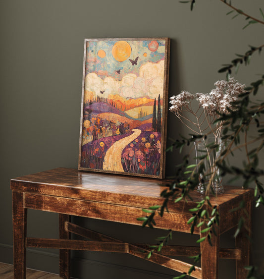 Rolling Hills Landscape Art Print - Butterfly Meadow Poster - Folk Art Painting - Amethyst Fern and Dove 2/3