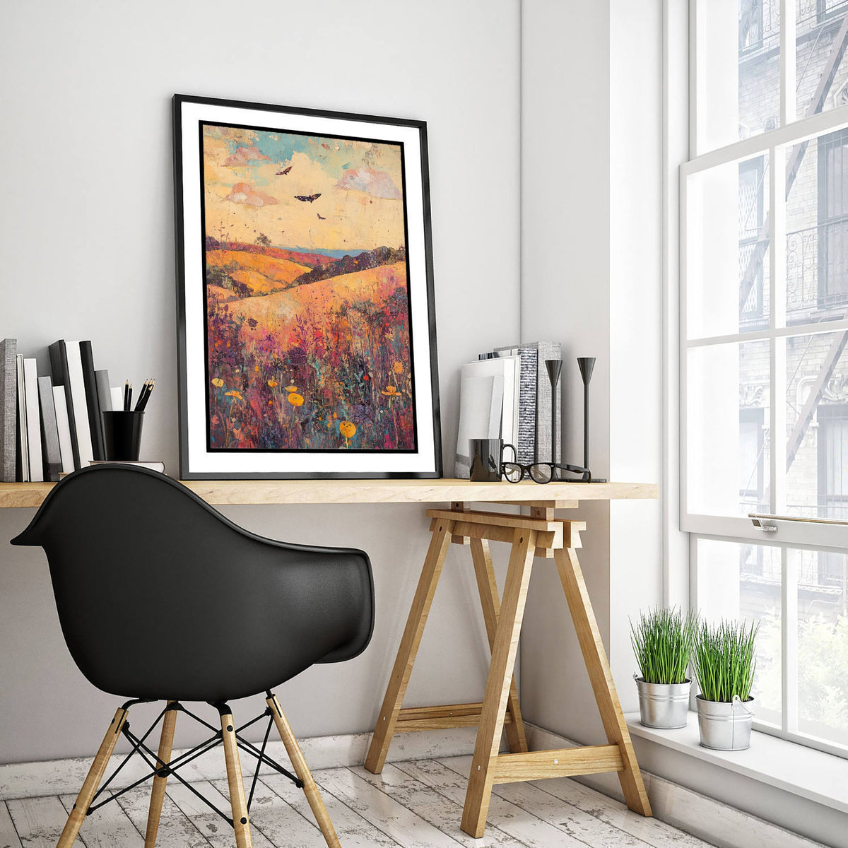 Rolling Hills Landscape Art Print - Butterfly Meadow Poster - Folk Art Painting - Amethyst Fern and Dove 3/3