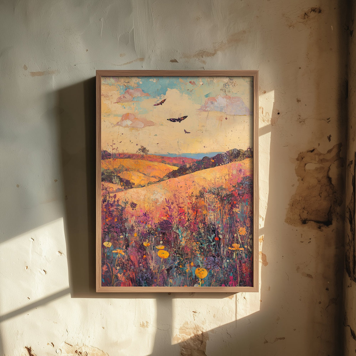 Rolling Hills Landscape Art Print - Butterfly Meadow Poster - Folk Art Painting - Amethyst Fern and Dove 3/3