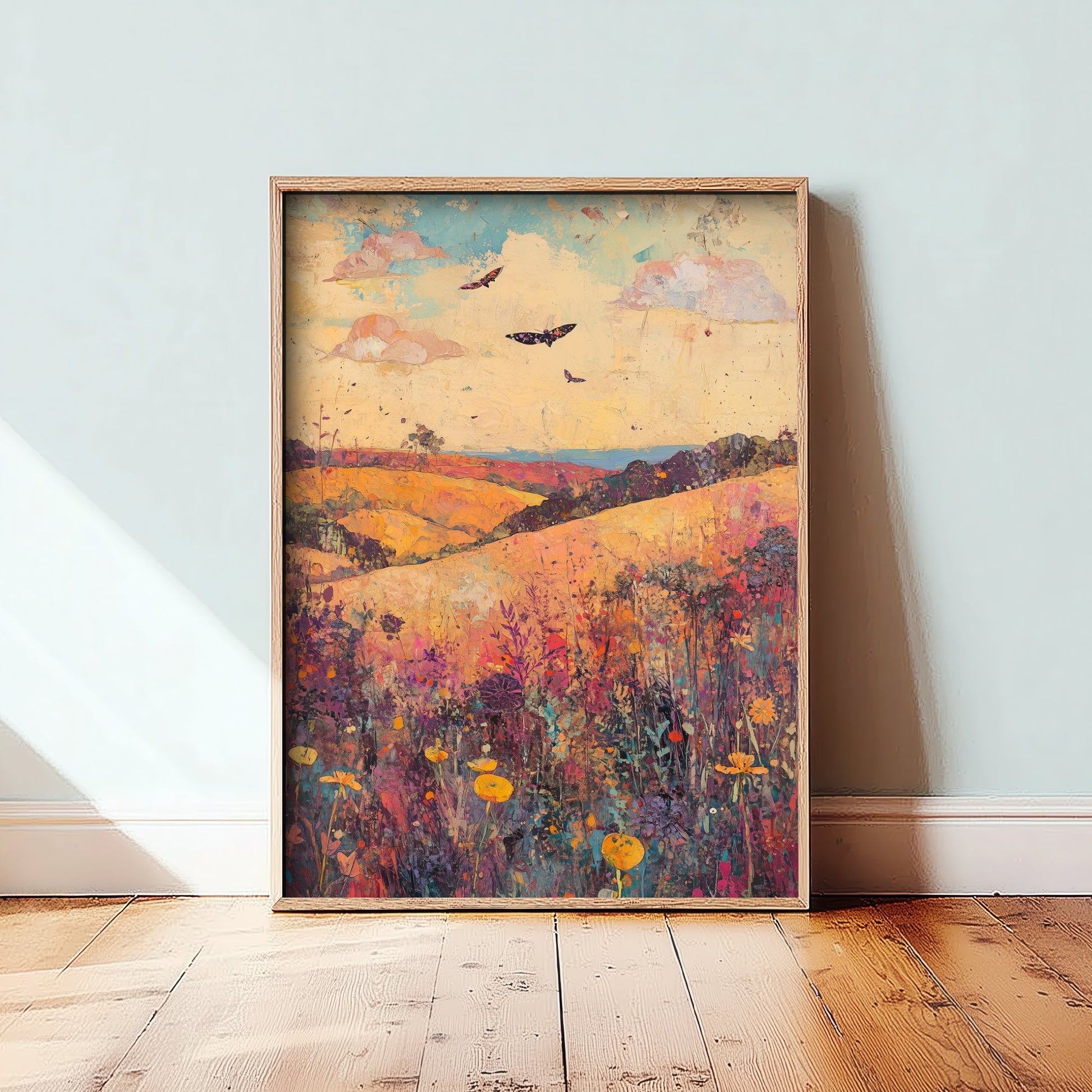 Rolling Hills Landscape Art Print - Butterfly Meadow Poster - Folk Art Painting - Amethyst Fern and Dove 3/3
