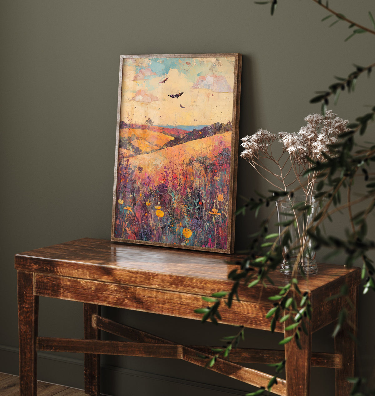 Rolling Hills Landscape Art Print - Butterfly Meadow Poster - Folk Art Painting - Amethyst Fern and Dove 3/3