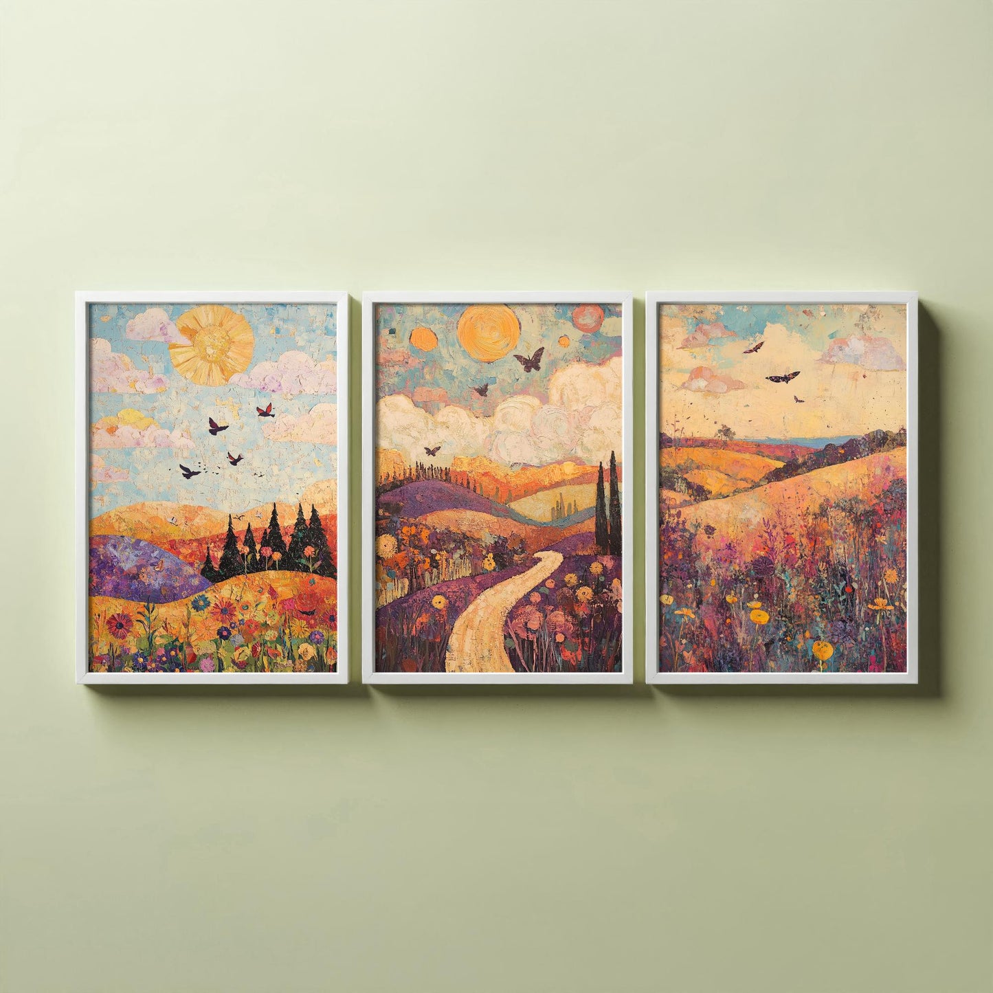 Rolling Hills Butterfly Set of Three Art Prints - Amethyst Fern and Dove - Folk Meadow Poster Illustration Gift