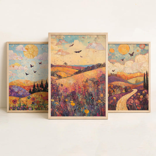 Rolling Hills Butterfly Set of Three Art Prints - Amethyst Fern and Dove - Folk Meadow Poster Illustration Gift