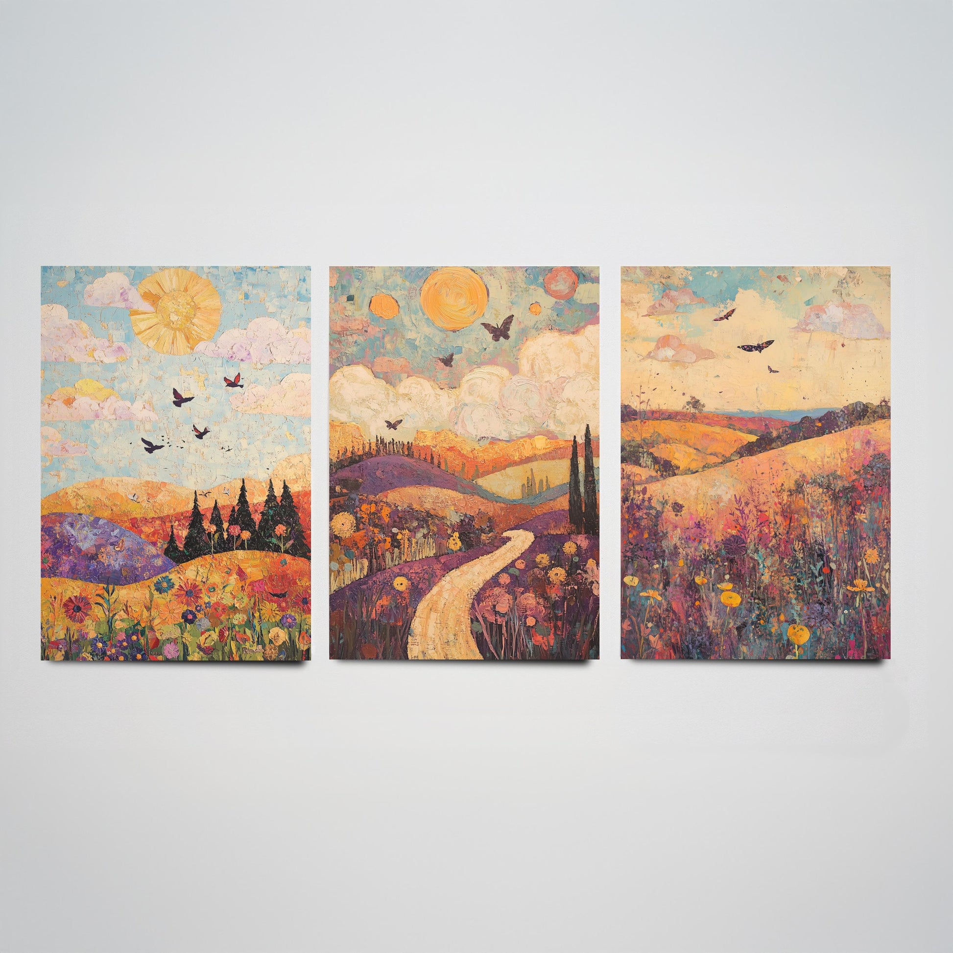 Rolling Hills Butterfly Set of Three Art Prints - Amethyst Fern and Dove - Folk Meadow Poster Illustration Gift