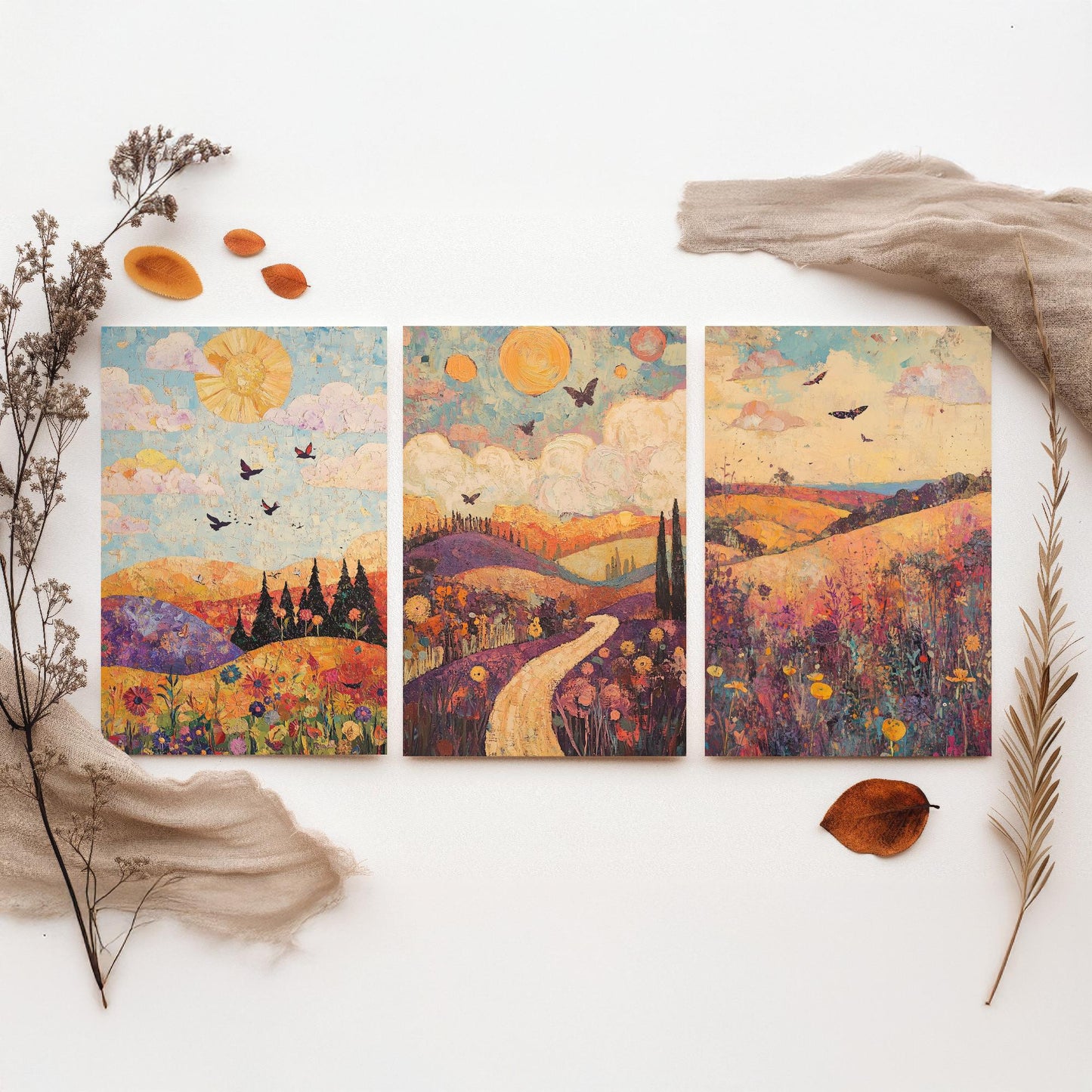 Rolling Hills Butterfly Set of Three Art Prints - Amethyst Fern and Dove - Folk Meadow Poster Illustration Gift