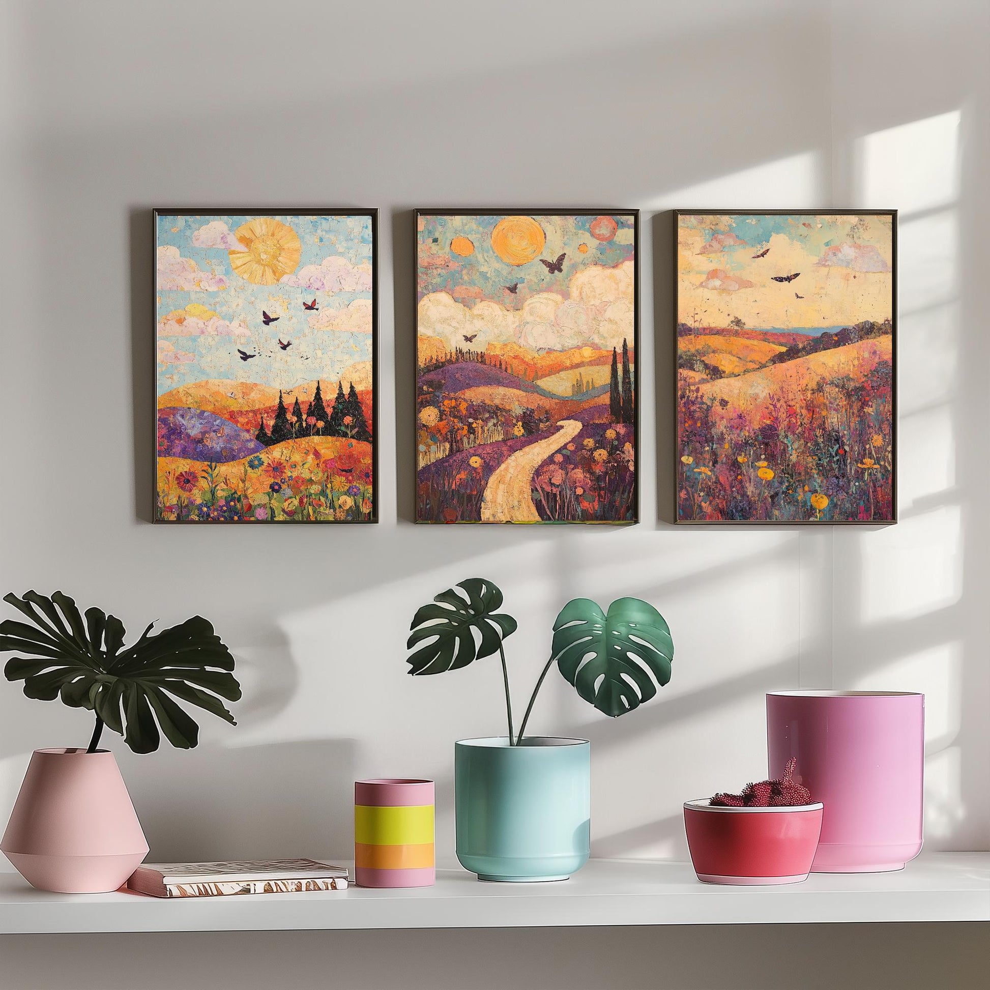 Rolling Hills Butterfly Set of Three Art Prints - Amethyst Fern and Dove - Folk Meadow Poster Illustration Gift