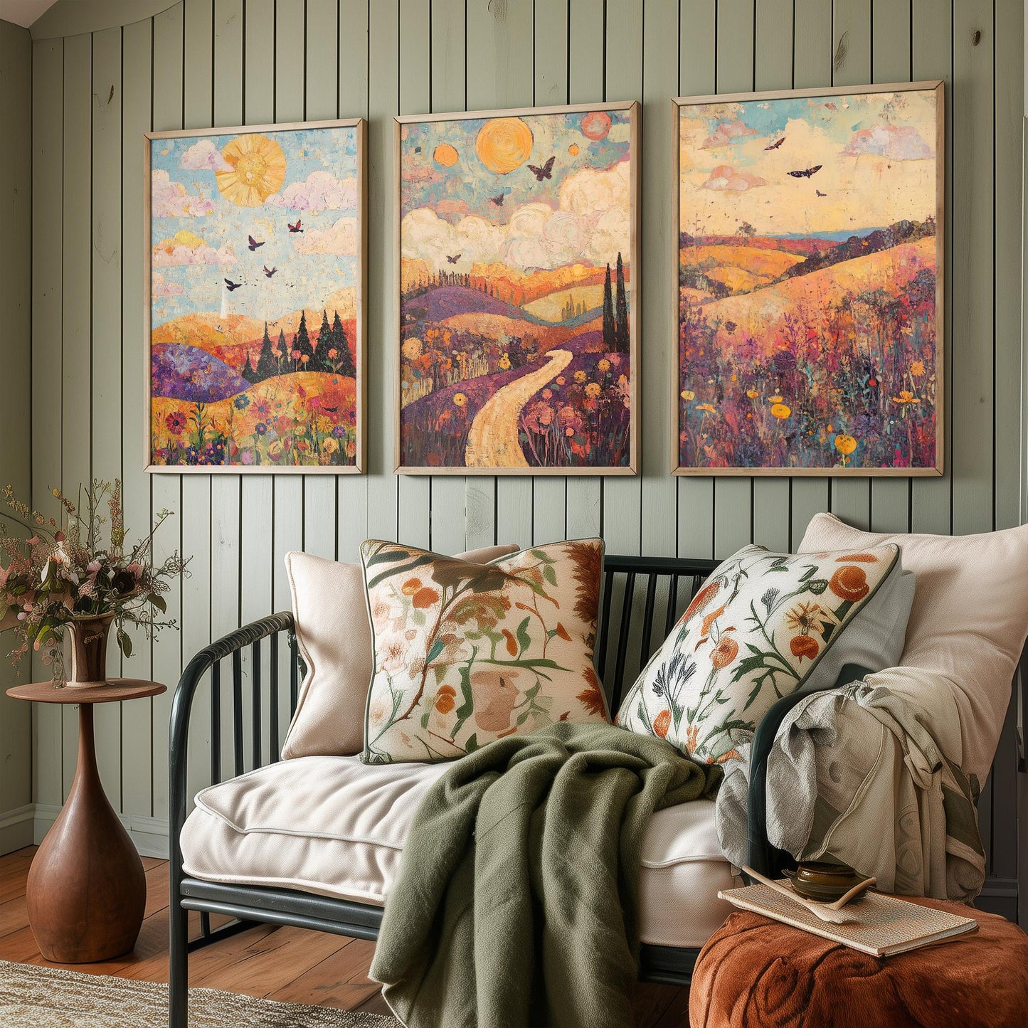 Rolling Hills Butterfly Set of Three Art Prints - Amethyst Fern and Dove - Folk Meadow Poster Illustration Gift