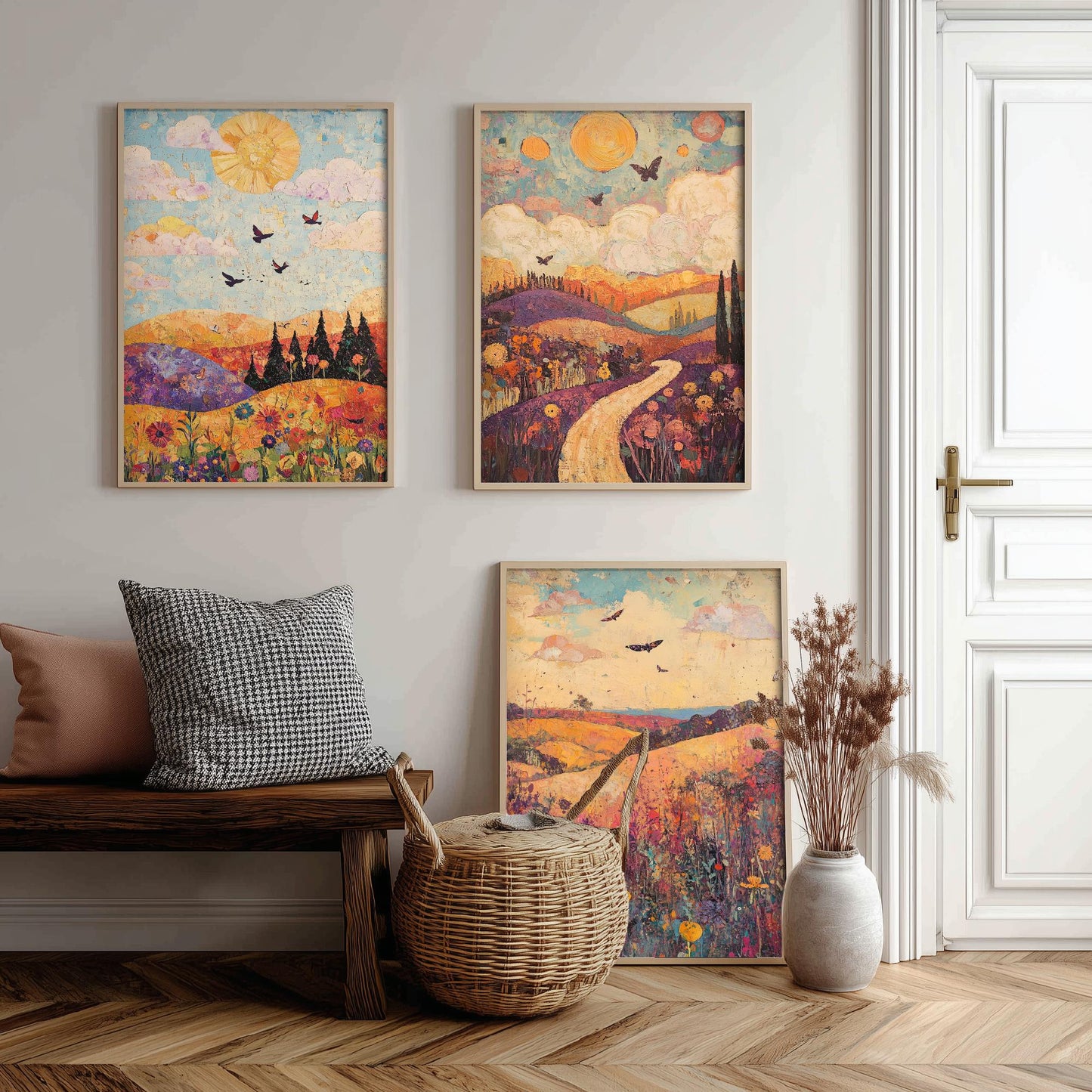 Rolling Hills Butterfly Set of Three Art Prints - Amethyst Fern and Dove - Folk Meadow Poster Illustration Gift