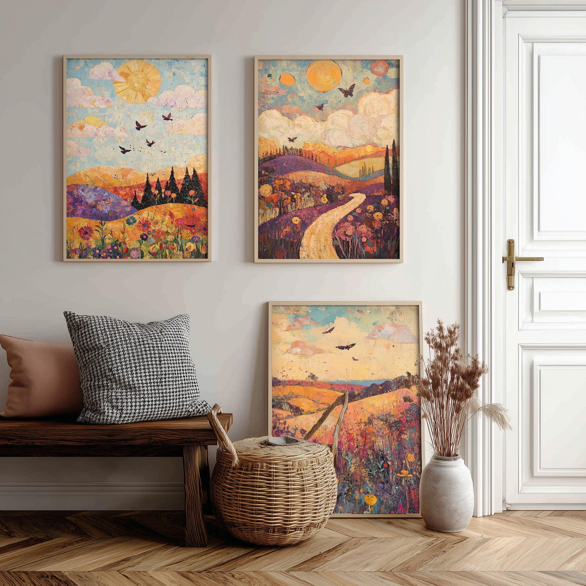 Rolling Hills Butterfly Set of Three Art Prints - Amethyst Fern and Dove - Folk Meadow Poster Illustration Gift