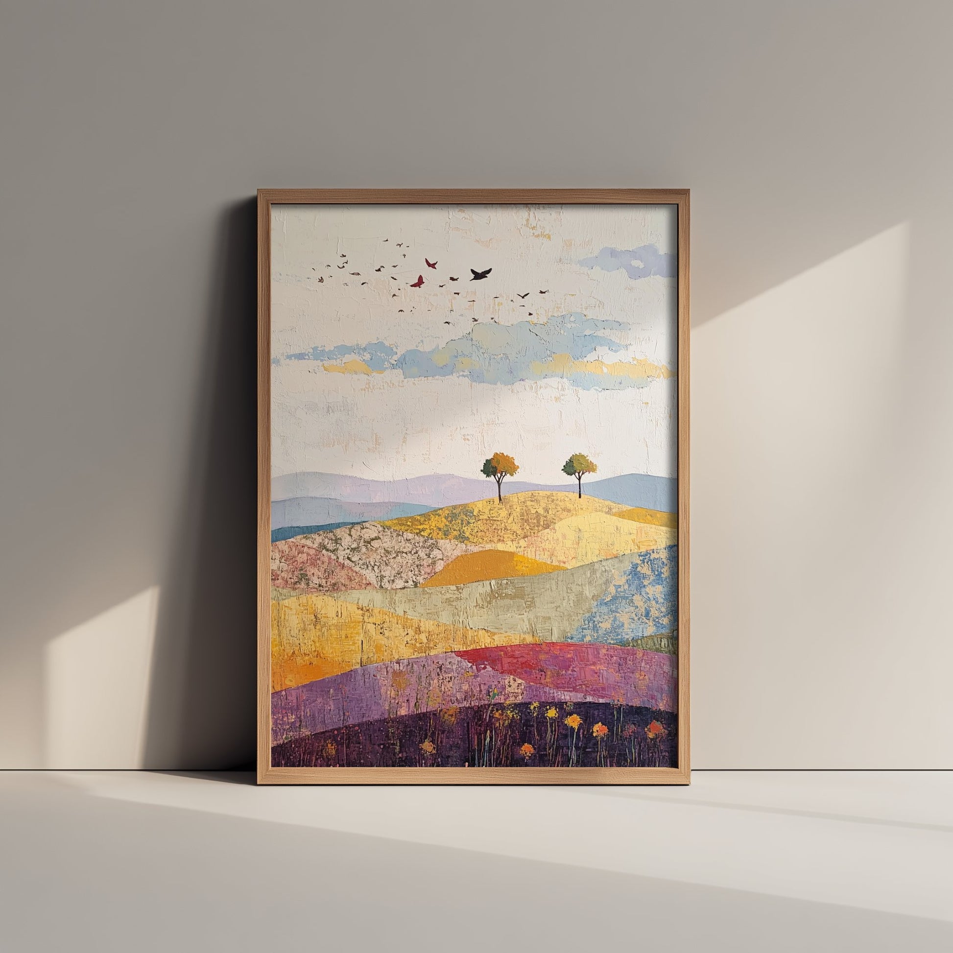 Rolling Hills Landscape Art Print - Butterfly Meadow Poster - Folk Art Painting - Aubergine Sage and Linen 1/3