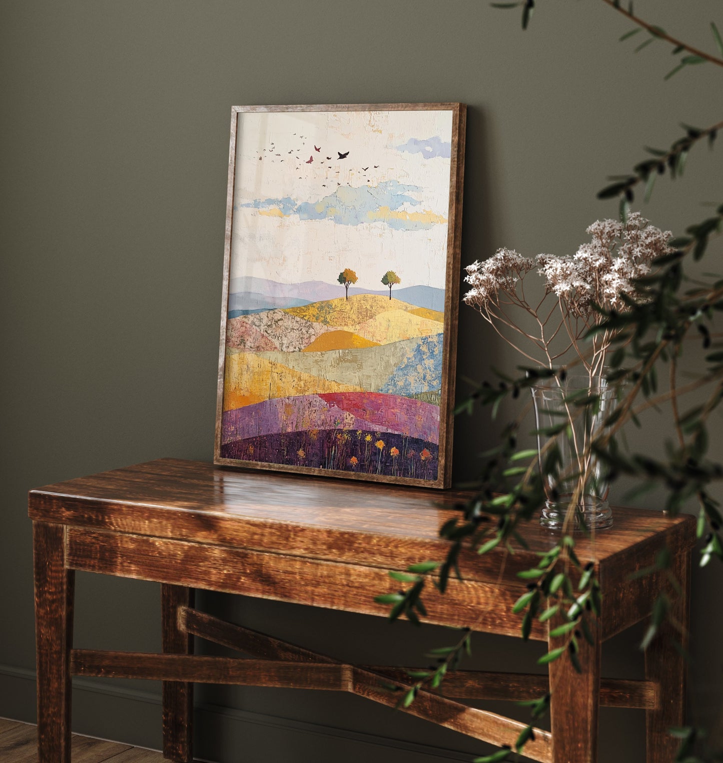 Rolling Hills Landscape Art Print - Butterfly Meadow Poster - Folk Art Painting - Aubergine Sage and Linen 1/3