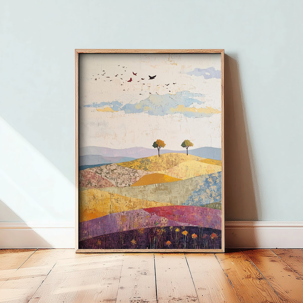 Rolling Hills Landscape Art Print - Butterfly Meadow Poster - Folk Art Painting - Aubergine Sage and Linen 1/3
