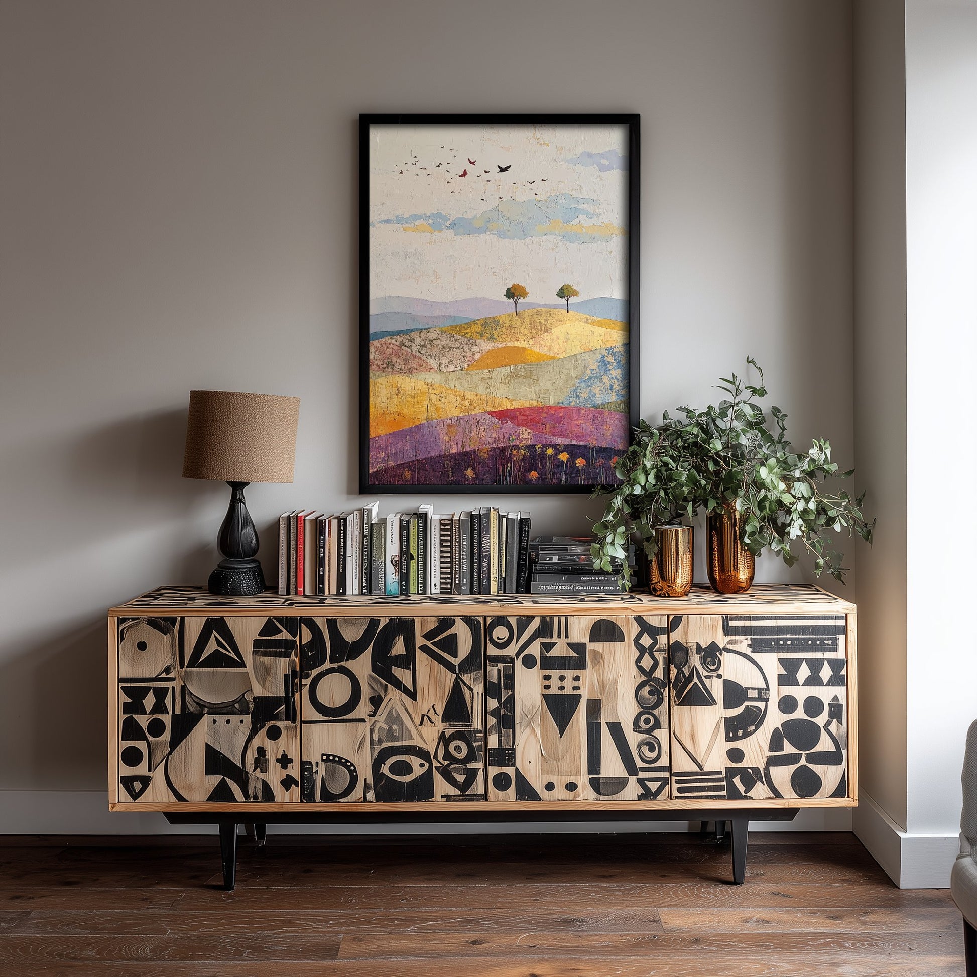 Rolling Hills Landscape Art Print - Butterfly Meadow Poster - Folk Art Painting - Aubergine Sage and Linen 1/3
