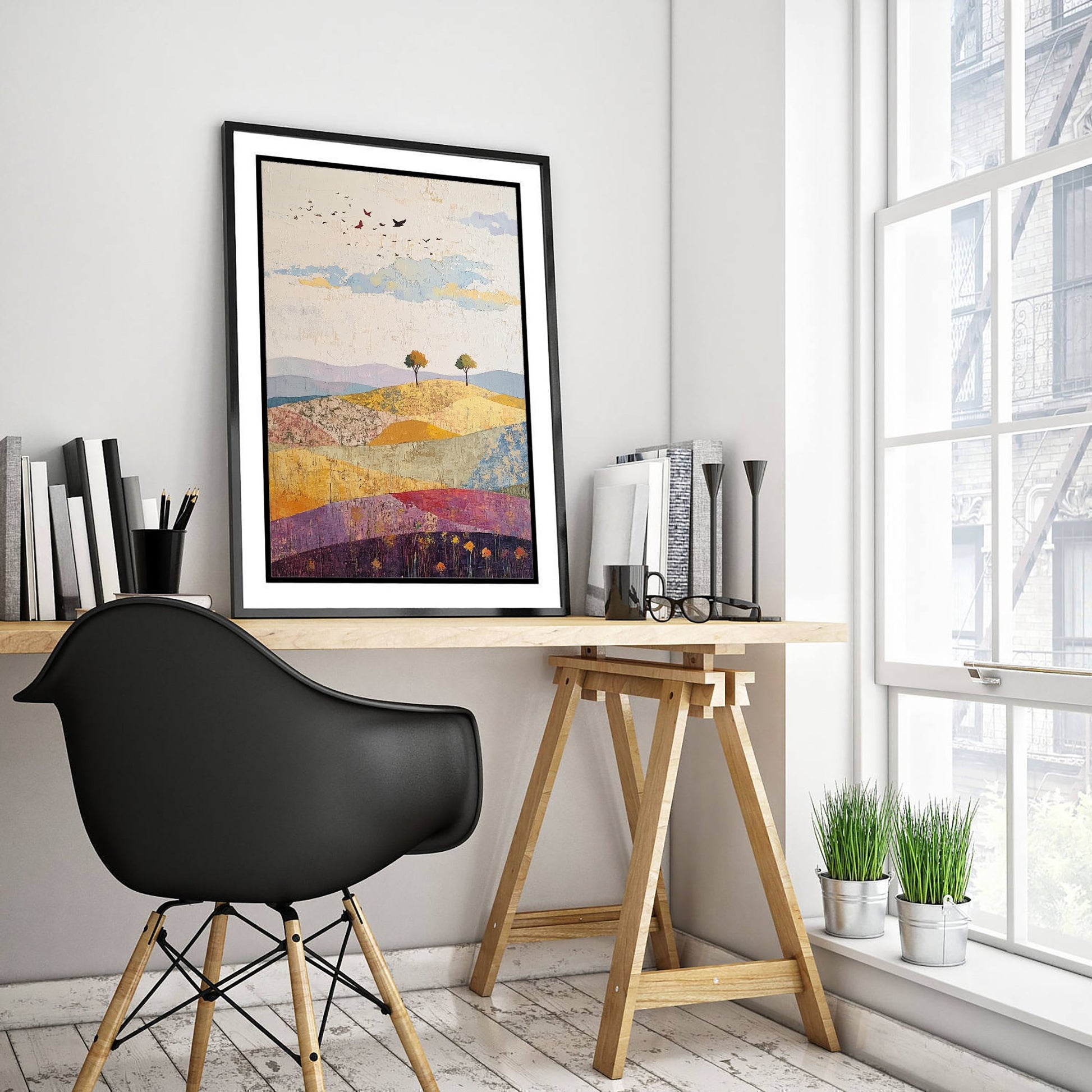 Rolling Hills Landscape Art Print - Butterfly Meadow Poster - Folk Art Painting - Aubergine Sage and Linen 1/3