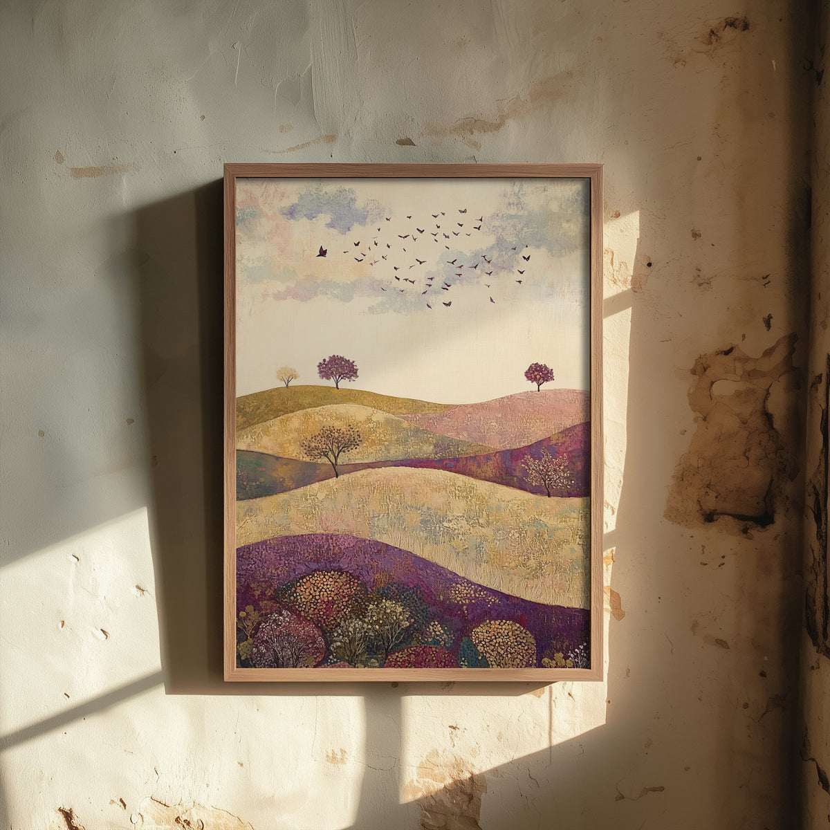 Rolling Hills Landscape Art Print - Butterfly Meadow Poster - Folk Art Painting - Aubergine Sage and Linen 2/3
