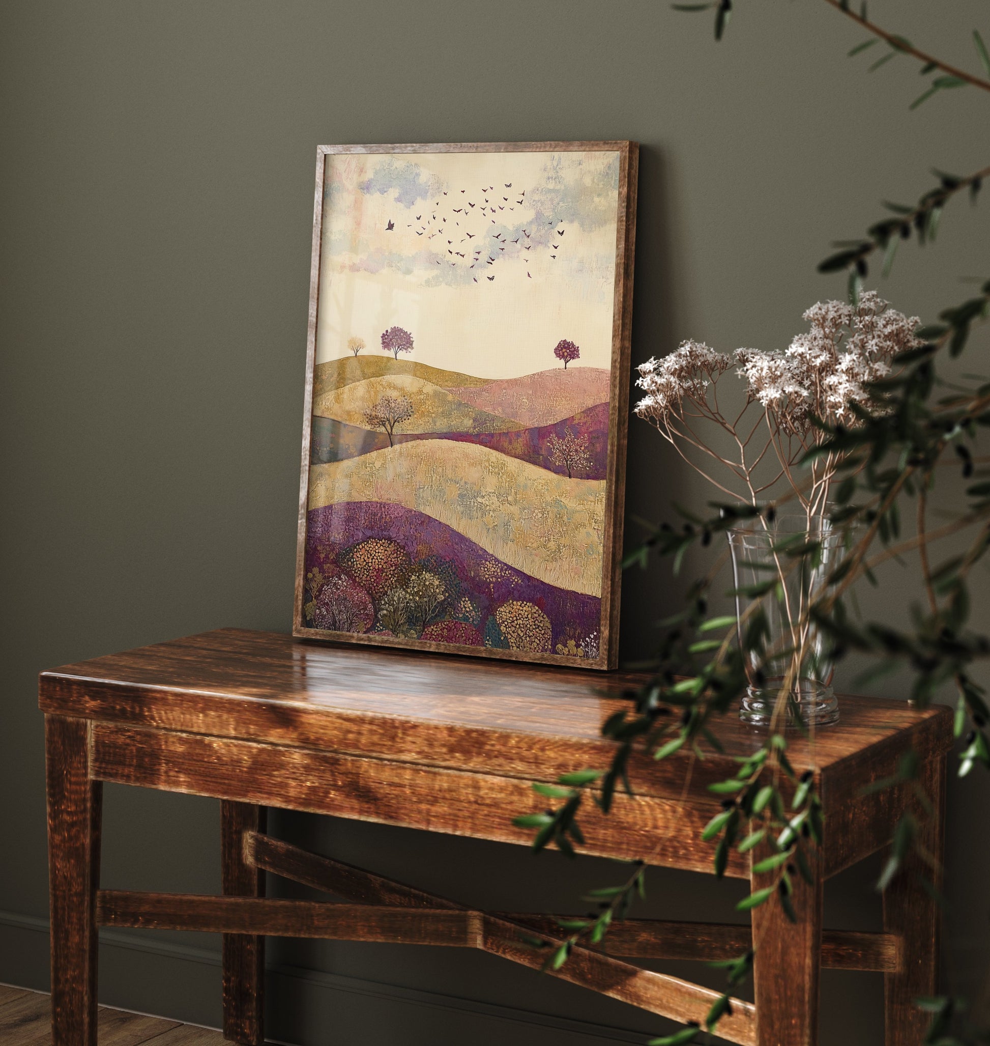 Rolling Hills Landscape Art Print - Butterfly Meadow Poster - Folk Art Painting - Aubergine Sage and Linen 2/3
